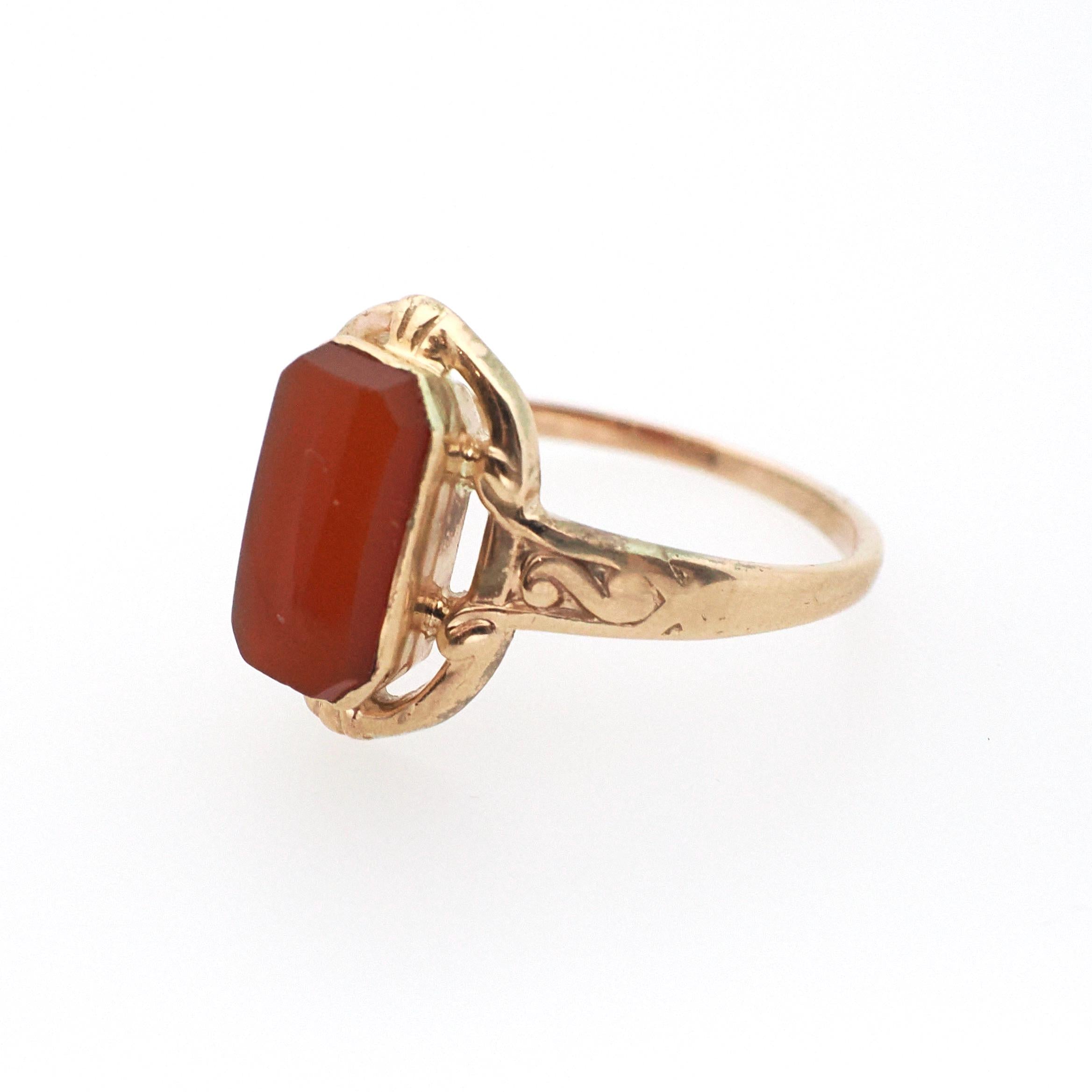 Victorian Carnelian Ring - Antique 10k Rosy Yellow Gold Natural Red Gemstone Shield - Circa 1880s Era Size 5 3/4 Fine Statement Jewelry