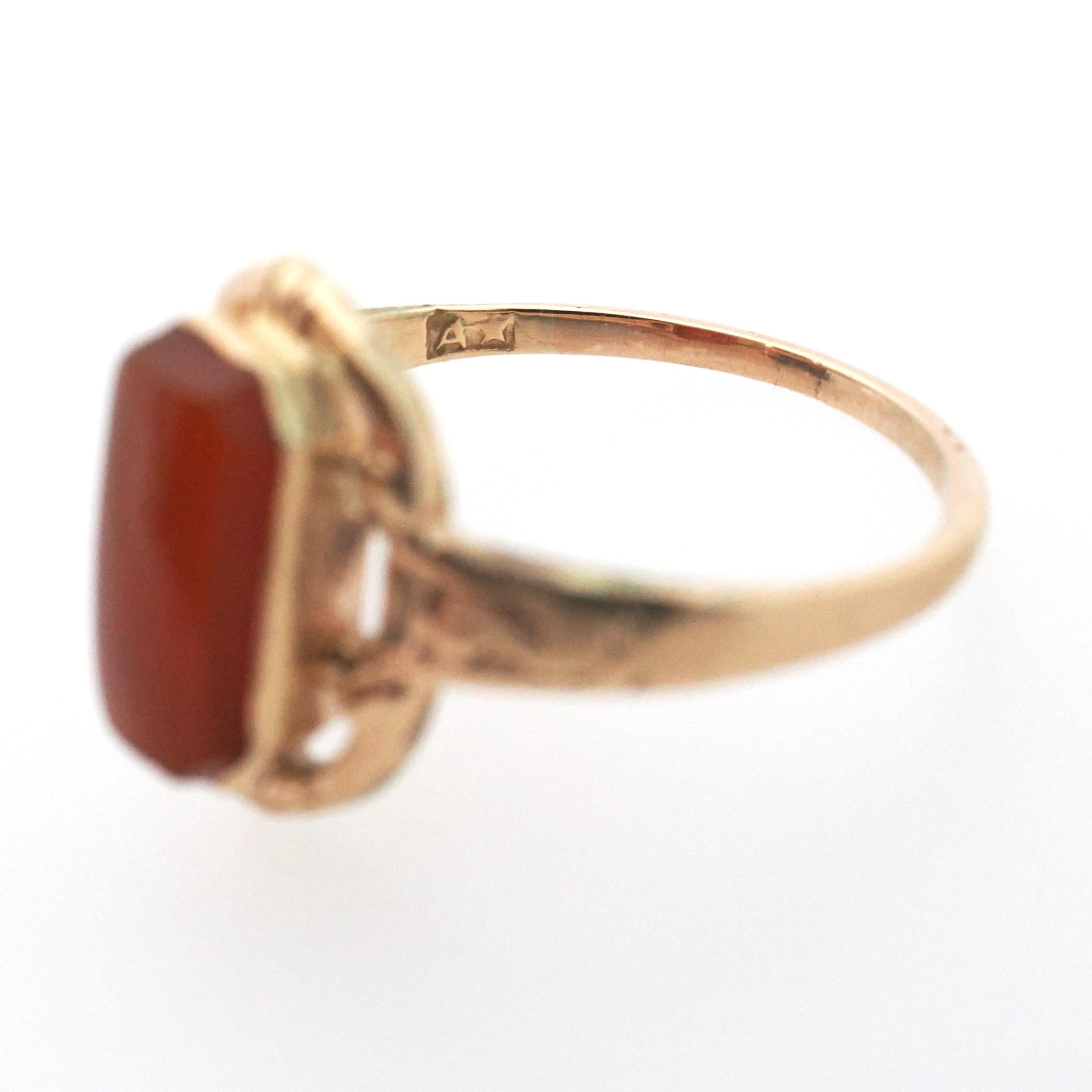 Victorian Carnelian Ring - Antique 10k Rosy Yellow Gold Natural Red Gemstone Shield - Circa 1880s Era Size 5 3/4 Fine Statement Jewelry