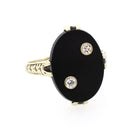 Onyx & Diamond Ring - Art Deco 14k Yellow Gold Oval Black Gemstone Signet - Circa 1930s Era Size 8 Fine Wheat Engraved Statement Jewelry