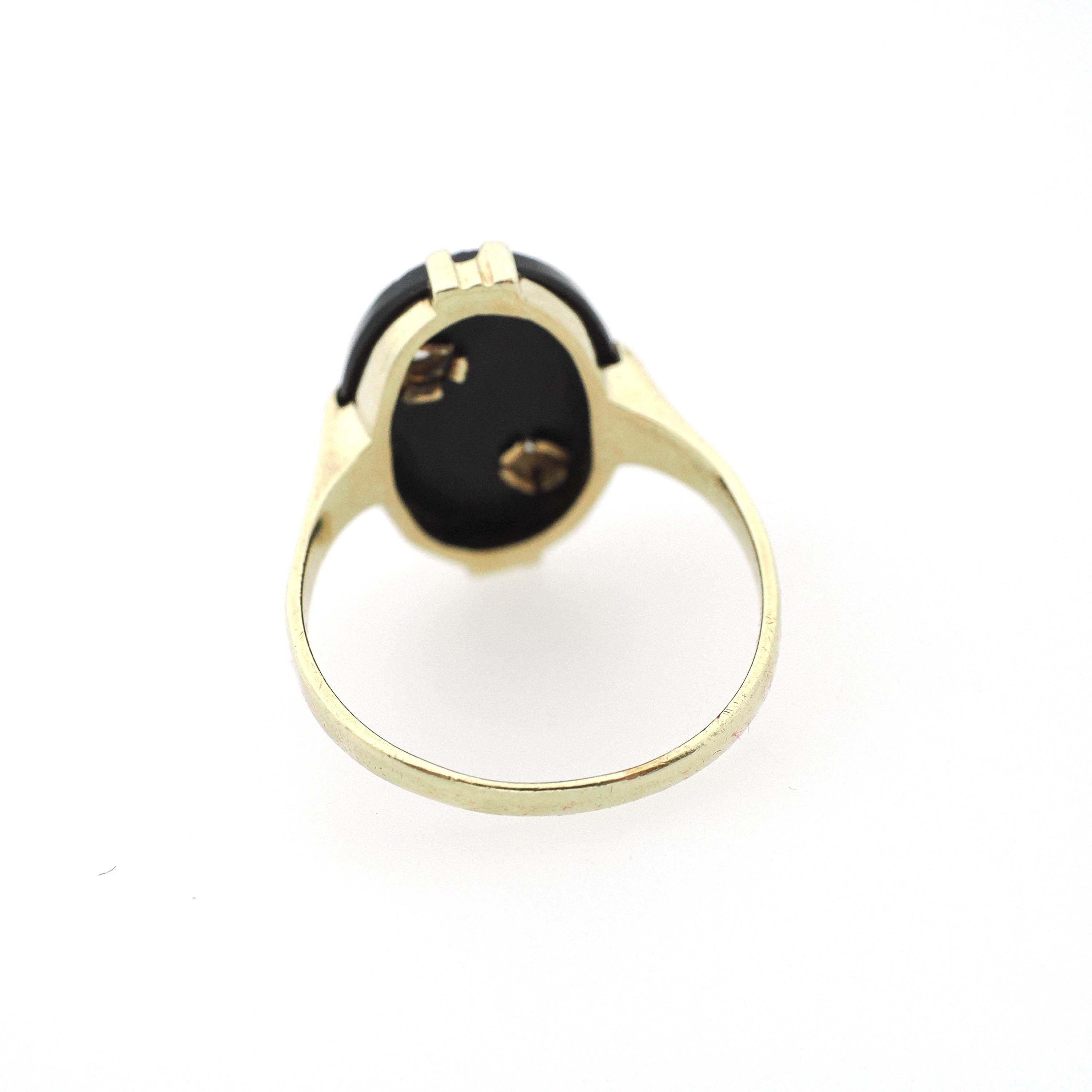 Onyx & Diamond Ring - Art Deco 14k Yellow Gold Oval Black Gemstone Signet - Circa 1930s Era Size 8 Fine Wheat Engraved Statement Jewelry
