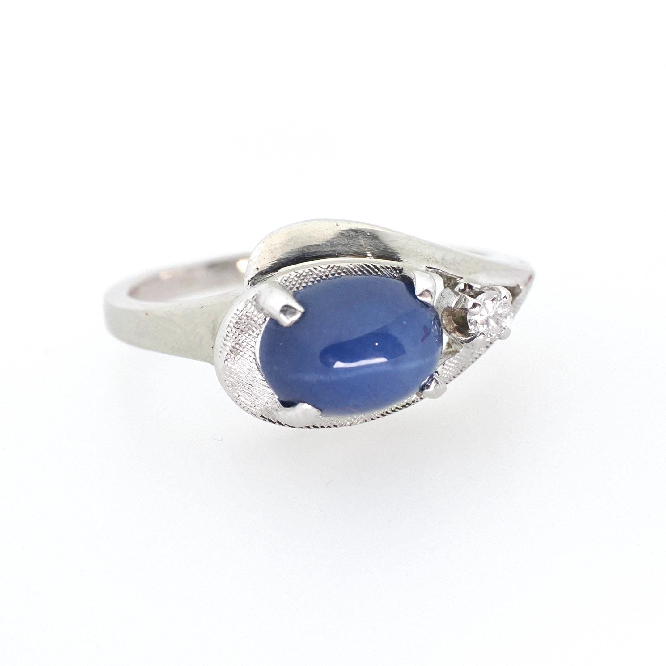 Created Star Sapphire Ring - Vintage 14k White Gold Cabochon & .04 CTW Natural Diamonds - Circa 1970s Era Size 5 3/4 Bypass Fine Jewelry