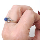 Created Star Sapphire Ring - Vintage 14k White Gold Cabochon & .04 CTW Natural Diamonds - Circa 1970s Era Size 5 3/4 Bypass Fine Jewelry