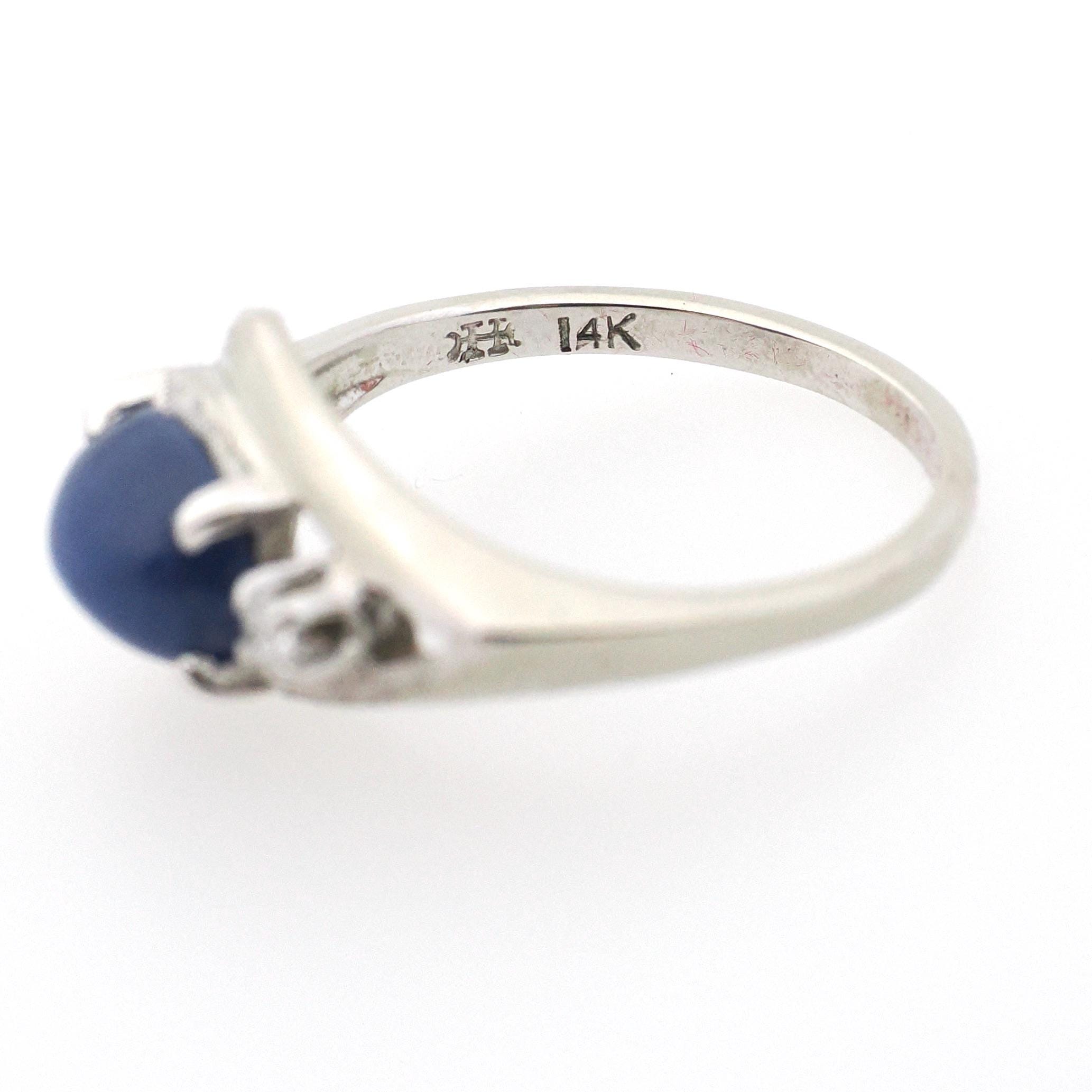 Created Star Sapphire Ring - Vintage 14k White Gold Cabochon & .04 CTW Natural Diamonds - Circa 1970s Era Size 5 3/4 Bypass Fine Jewelry