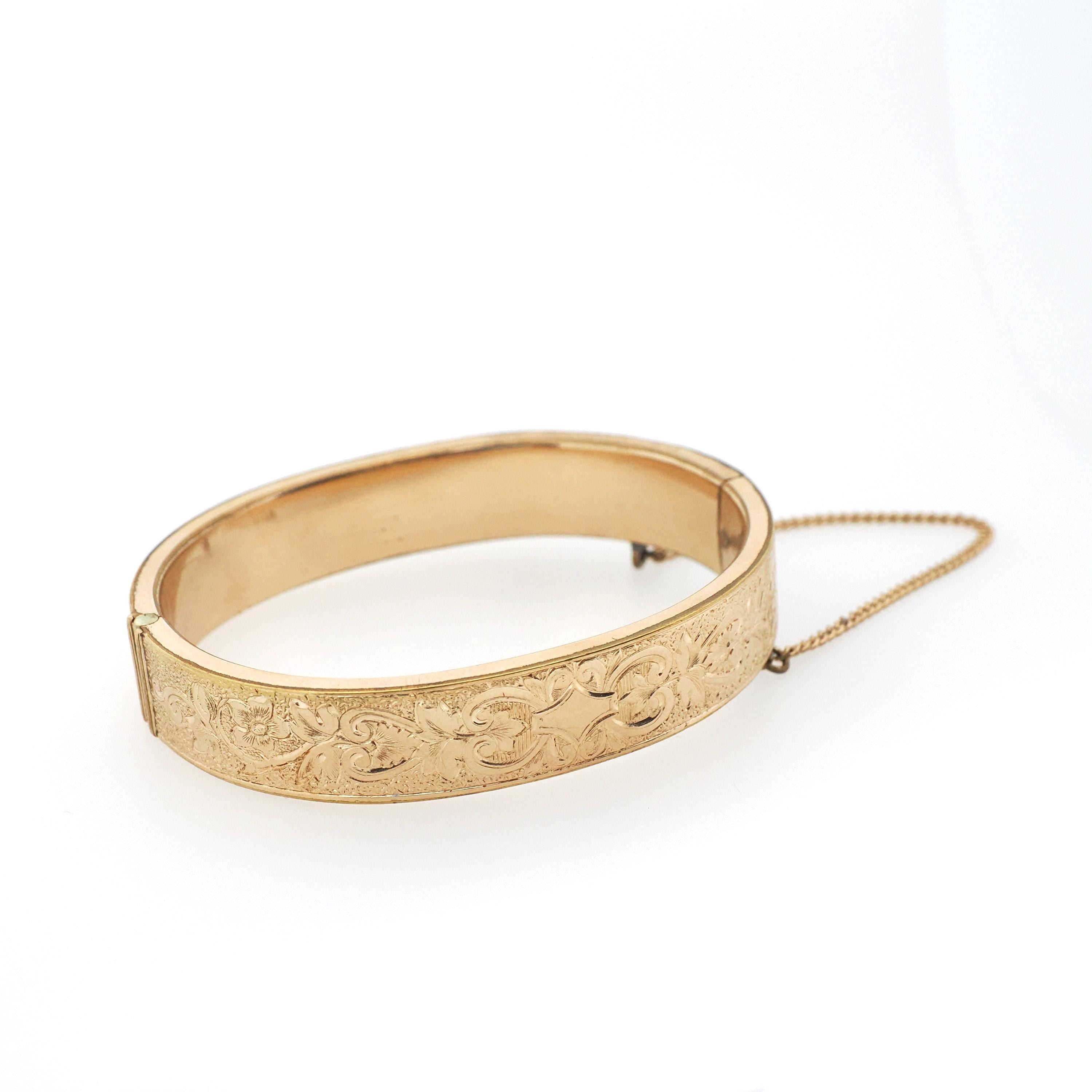 Antique Floral Bracelet - Victorian 12k Gold Filled Engraved Hinged Bangle Design - Circa 1880s Era Safety Chain Fashion Statement Jewelry