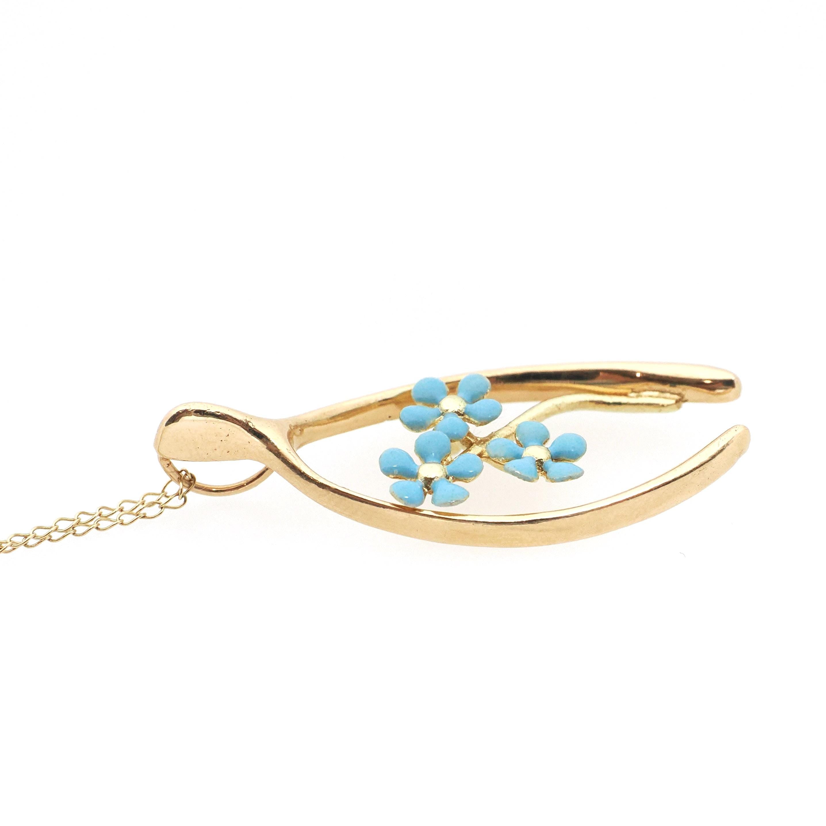Antique Wishbone Pendant - Edwardian 14k Yellow Gold Blue Enamel Flowers Charm Necklace - Circa 1910s Era Good Luck Fine Statement Jewelry