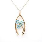 Antique Wishbone Pendant - Edwardian 14k Yellow Gold Blue Enamel Flowers Charm Necklace - Circa 1910s Era Good Luck Fine Statement Jewelry