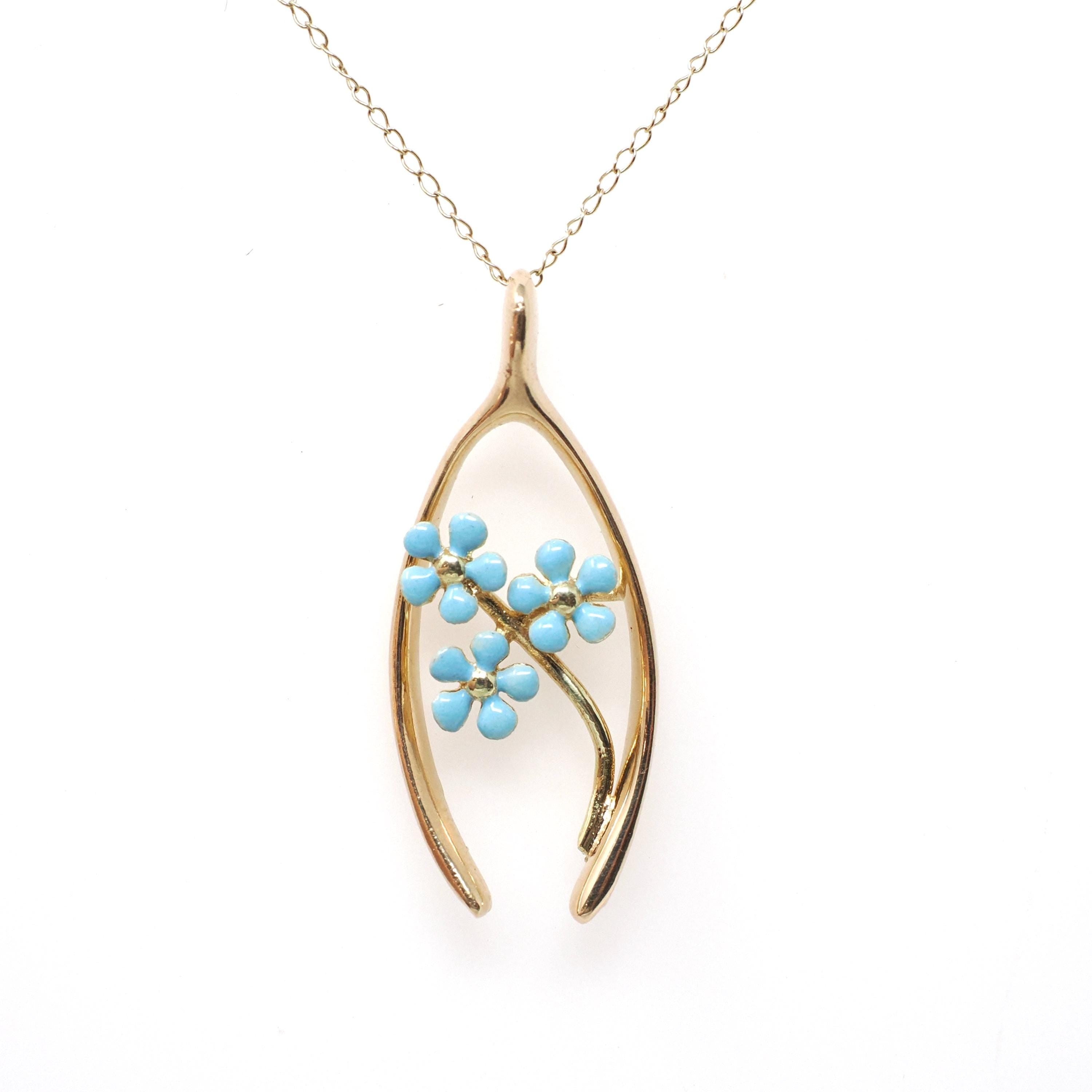 Antique Wishbone Pendant - Edwardian 14k Yellow Gold Blue Enamel Flowers Charm Necklace - Circa 1910s Era Good Luck Fine Statement Jewelry