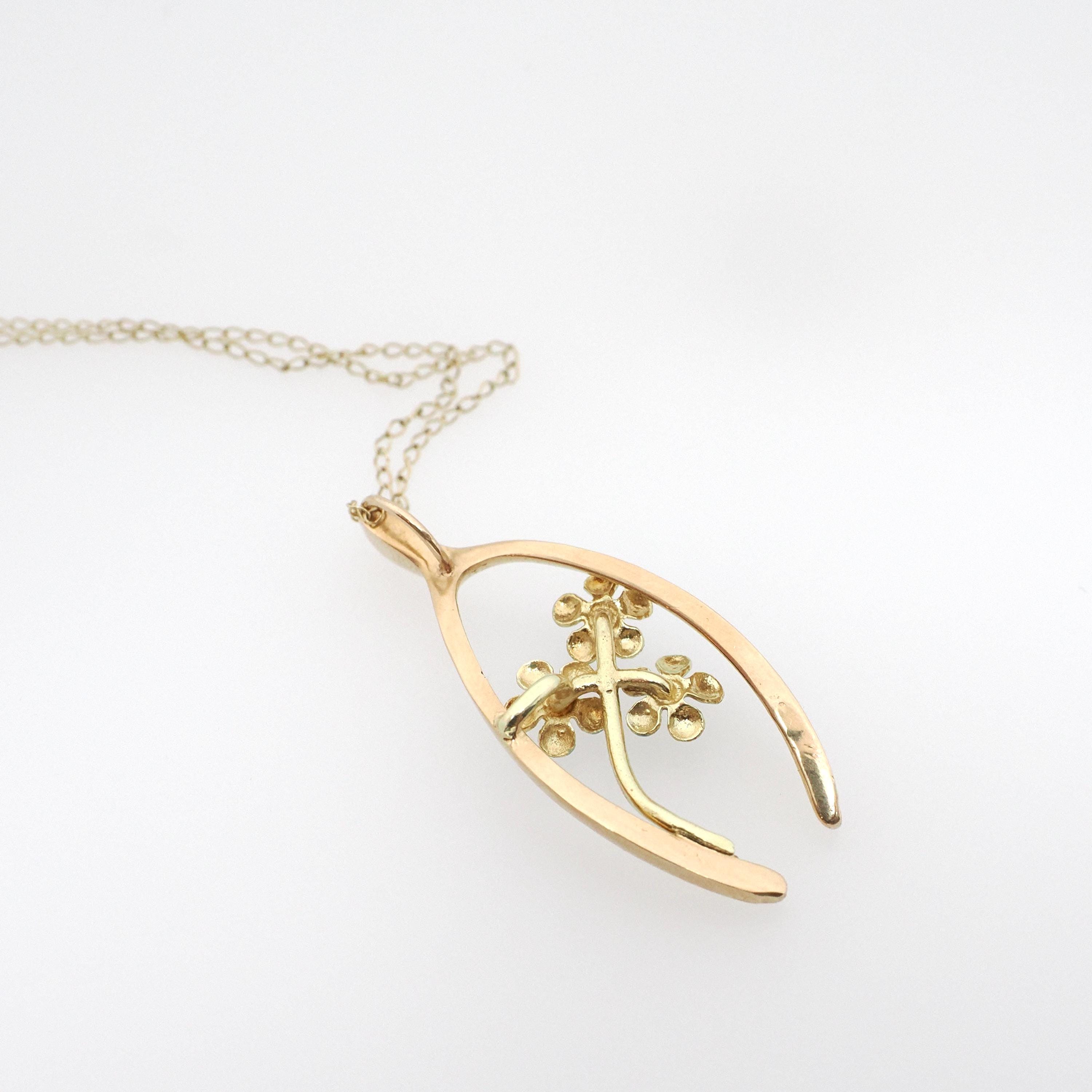Antique Wishbone Pendant - Edwardian 14k Yellow Gold Blue Enamel Flowers Charm Necklace - Circa 1910s Era Good Luck Fine Statement Jewelry