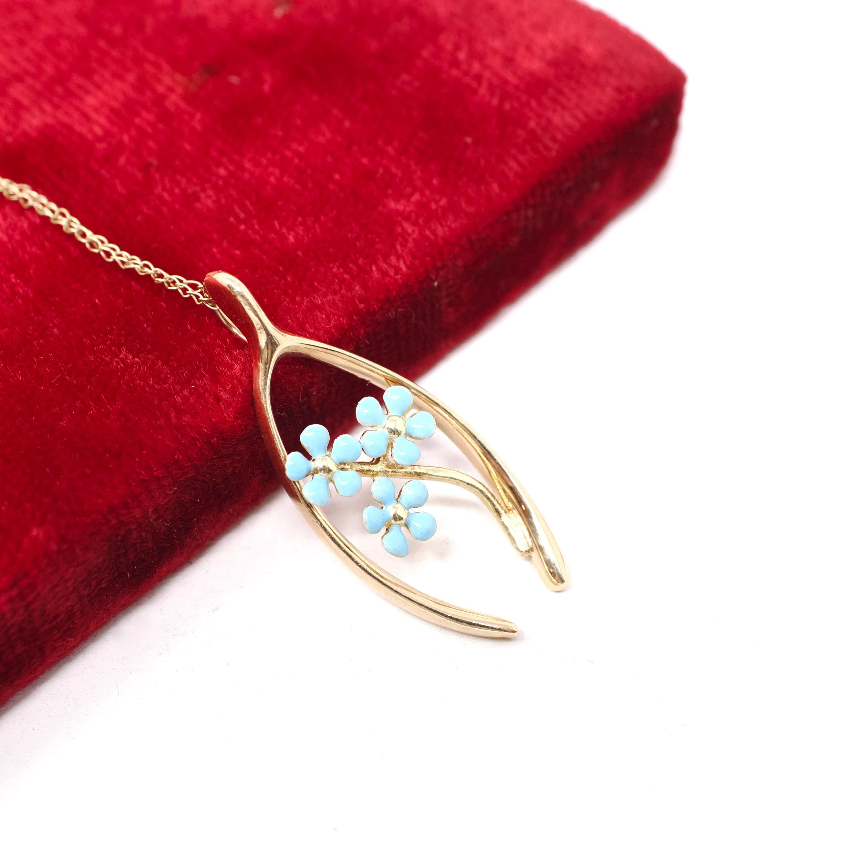 Antique Wishbone Pendant - Edwardian 14k Yellow Gold Blue Enamel Flowers Charm Necklace - Circa 1910s Era Good Luck Fine Statement Jewelry