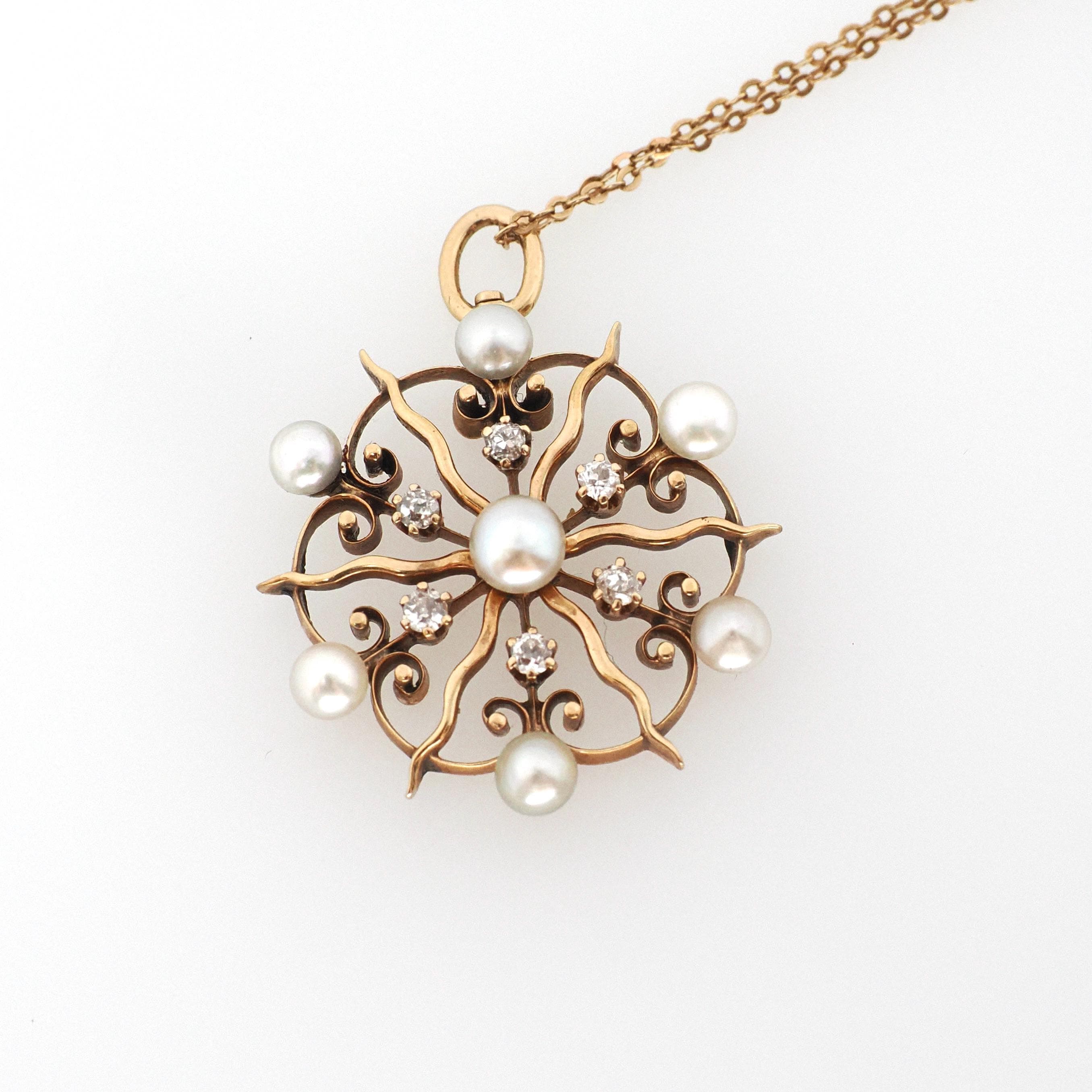 Antique Starburst Necklace - Edwardian 14k Rosy Yellow Gold .18 CTW Natural Diamonds Cultured Pearls Pendant - Circa 1910s Era Fine Jewelry