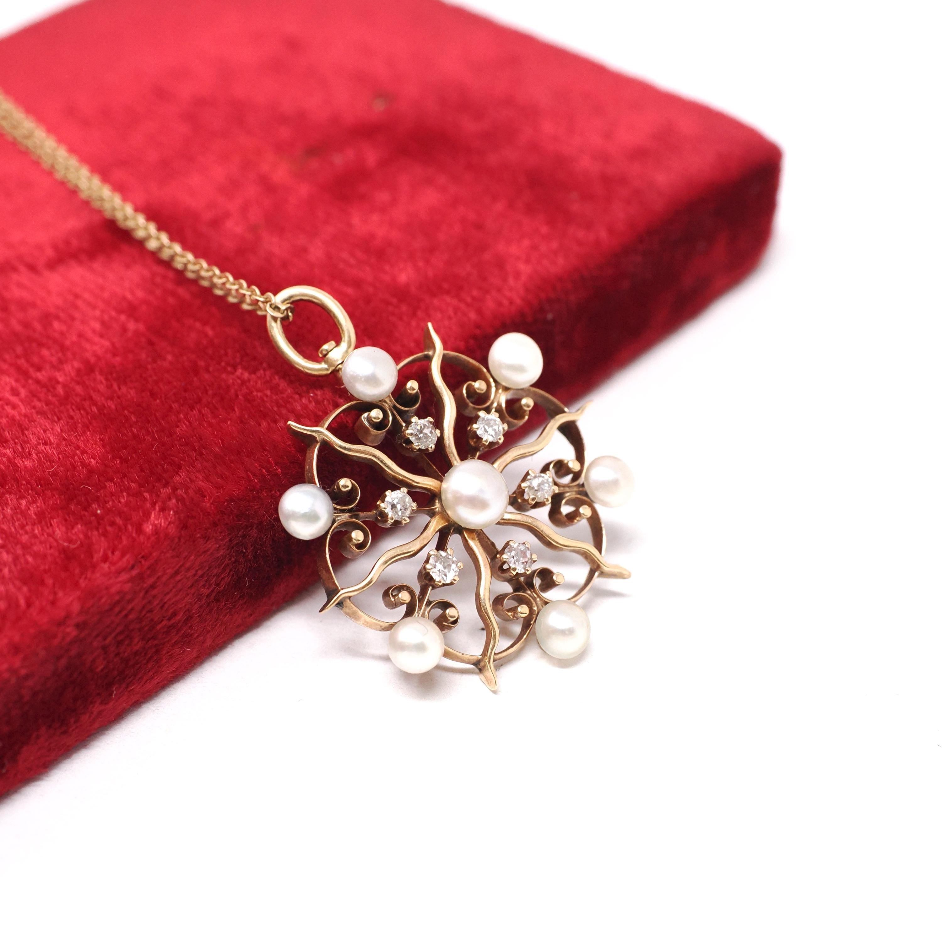 Antique Starburst Necklace - Edwardian 14k Rosy Yellow Gold .18 CTW Natural Diamonds Cultured Pearls Pendant - Circa 1910s Era Fine Jewelry