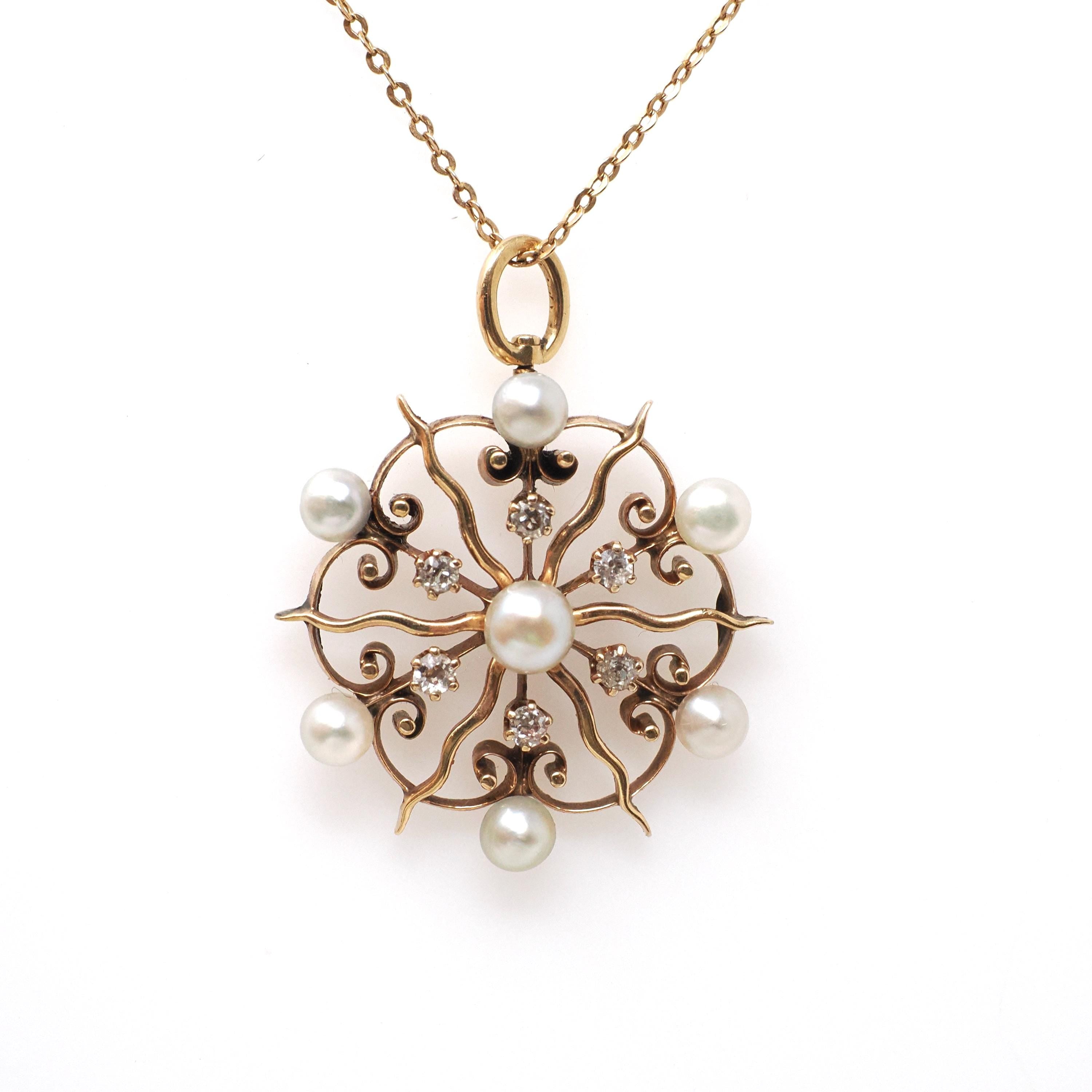 Antique Starburst Necklace - Edwardian 14k Rosy Yellow Gold .18 CTW Natural Diamonds Cultured Pearls Pendant - Circa 1910s Era Fine Jewelry