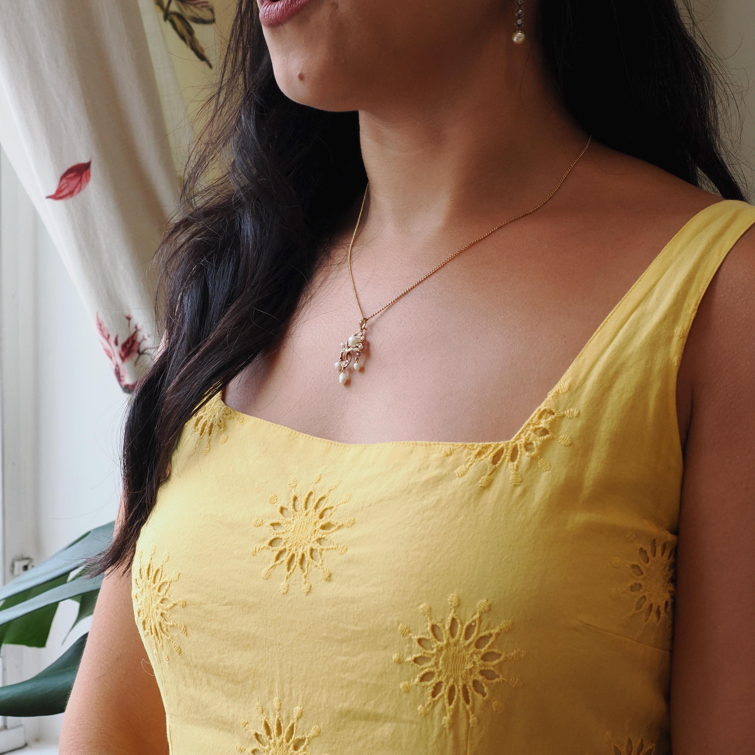 Antique Lavalier Pendant - Edwardian 14k Yellow Gold Seed & Cultured Pearls Necklace - Circa 1910s June Birthstone Fine Statement Jewelry
