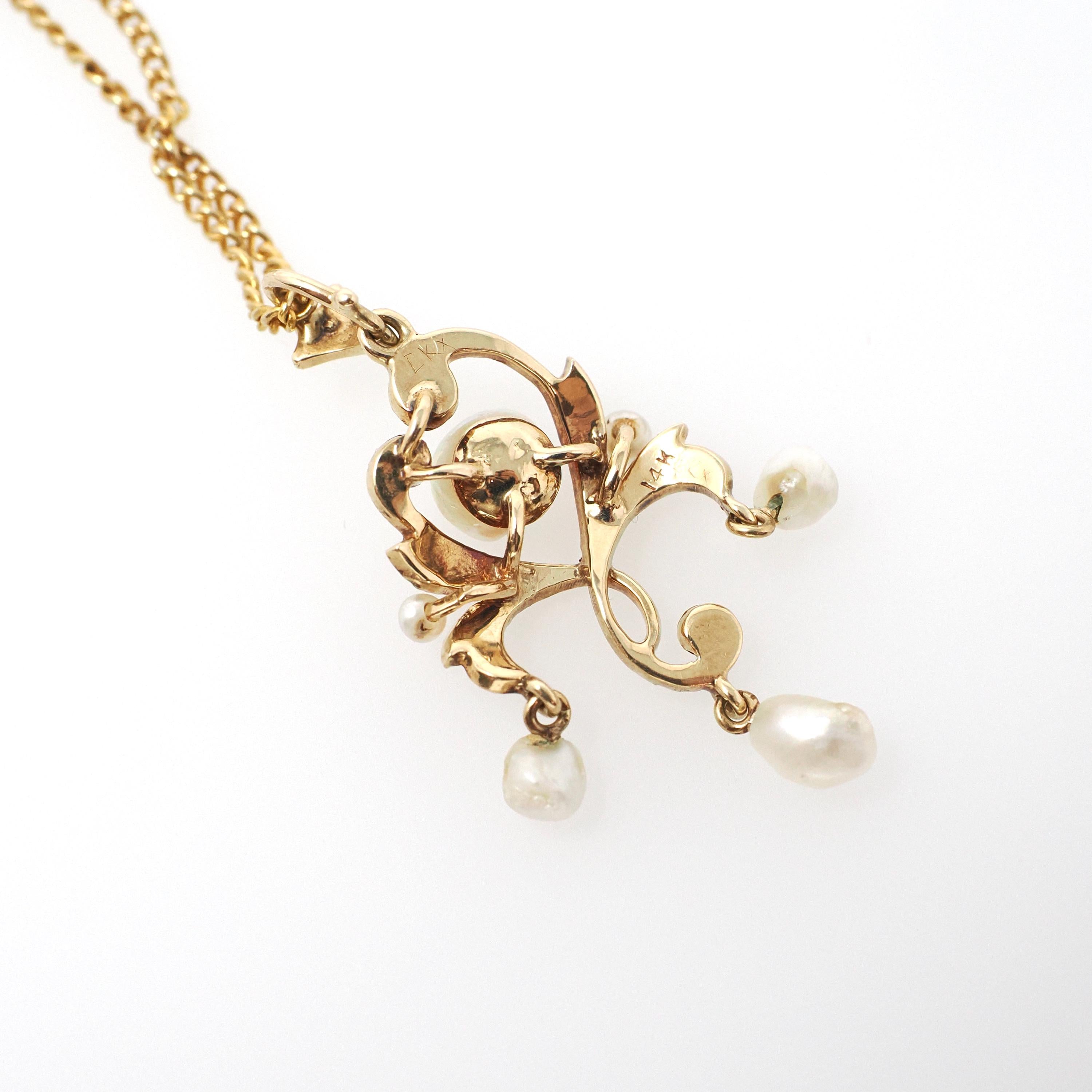 Antique Lavalier Pendant - Edwardian 14k Yellow Gold Seed & Cultured Pearls Necklace - Circa 1910s June Birthstone Fine Statement Jewelry