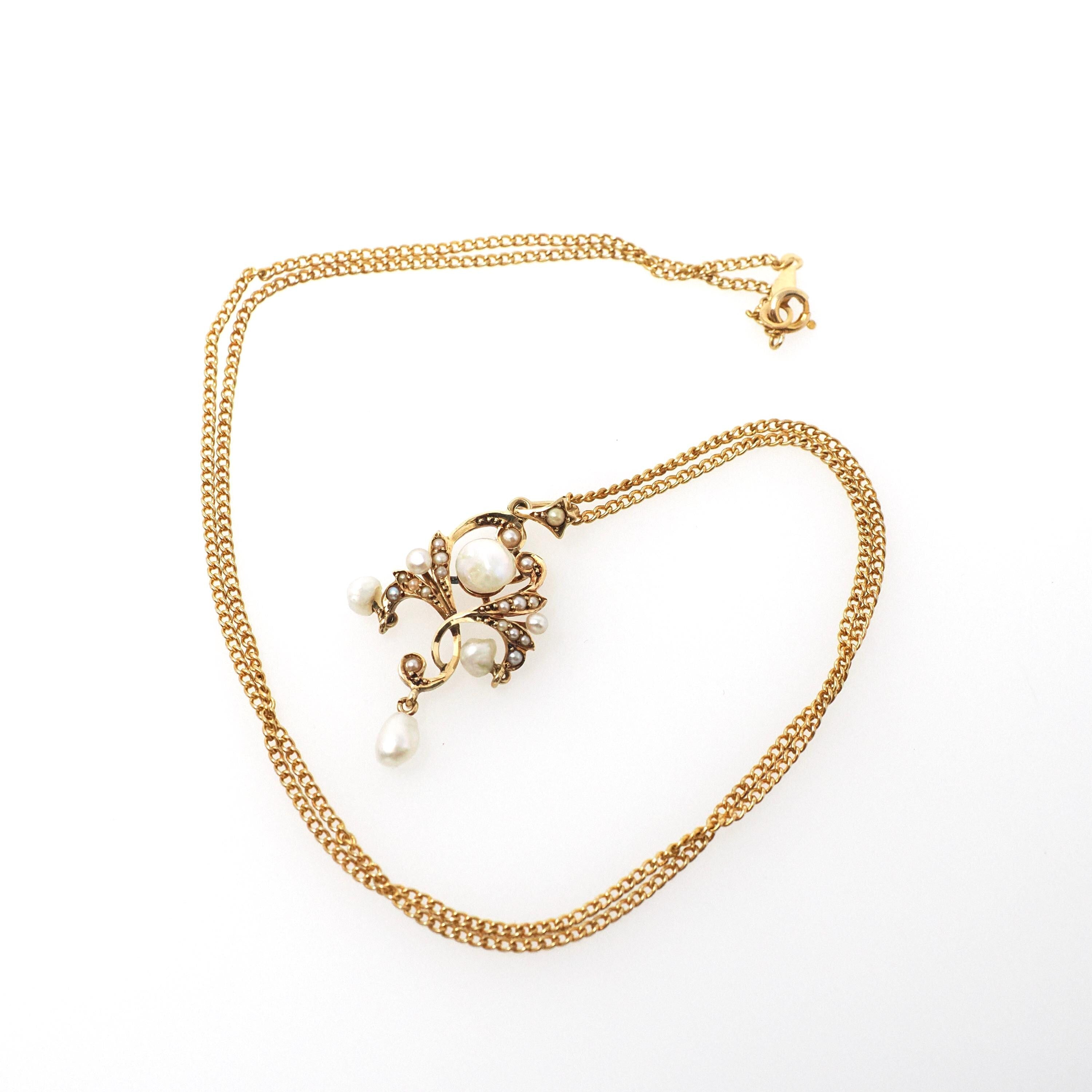 Antique Lavalier Pendant - Edwardian 14k Yellow Gold Seed & Cultured Pearls Necklace - Circa 1910s June Birthstone Fine Statement Jewelry