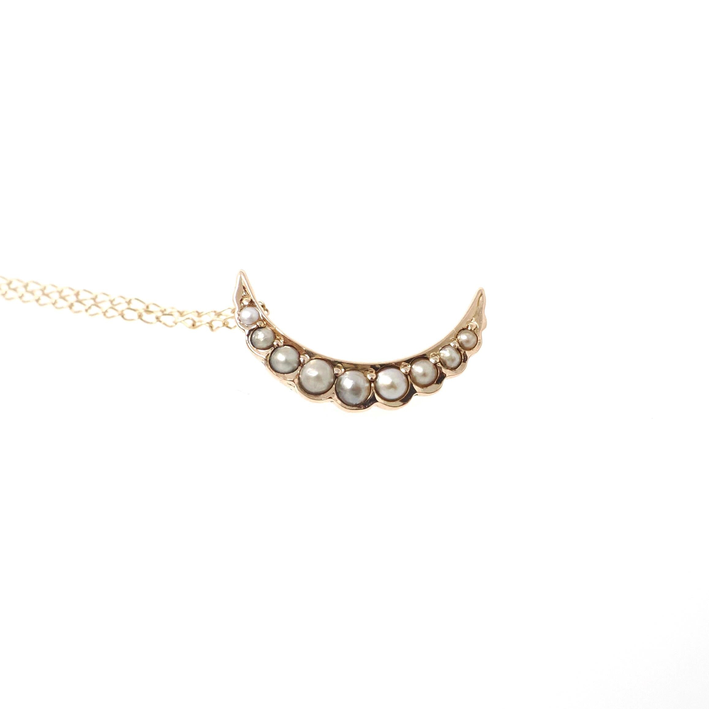 Antique Crescent Moon Charm - Edwardian Era 14k Yellow Gold Cultured Seed Pearl Conversion Pendant - Circa 1910s Celestial Fine Jewelry