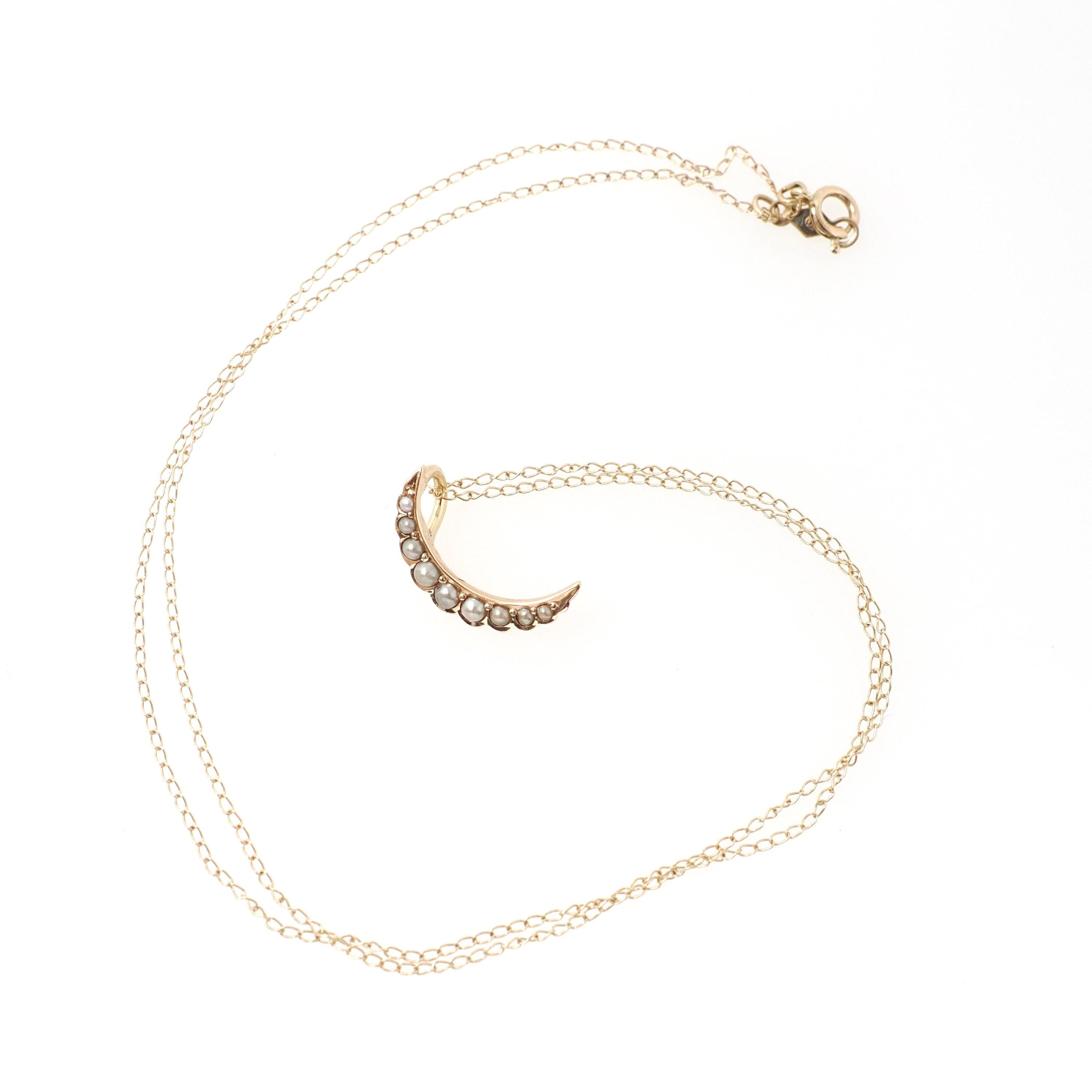 Antique Crescent Moon Charm - Edwardian Era 14k Yellow Gold Cultured Seed Pearl Conversion Pendant - Circa 1910s Celestial Fine Jewelry
