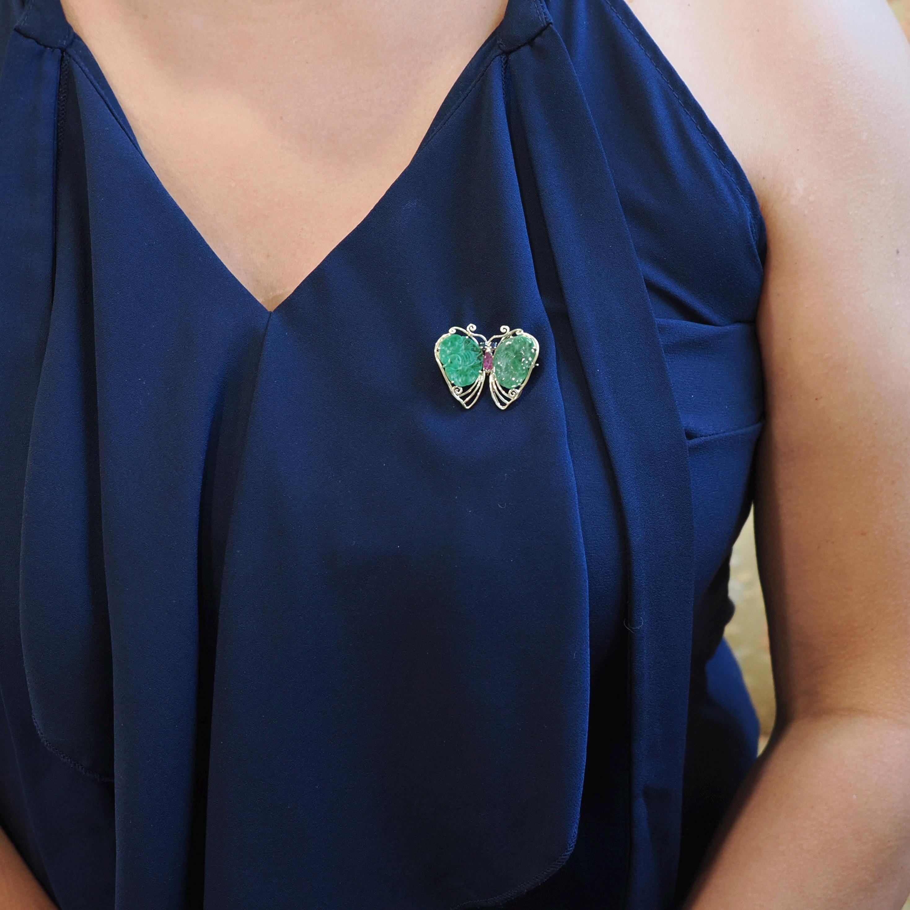 Vintage Butterfly Brooch - Estate 14k Yellow Gold Flying Winged Jadeite Jade Sapphire Ruby - Modernist Colorful Gemstone Insect Fine Jewelry