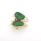Vintage Butterfly Brooch - Estate 14k Yellow Gold Flying Winged Jadeite Jade Sapphire Ruby - Modernist Colorful Gemstone Insect Fine Jewelry
