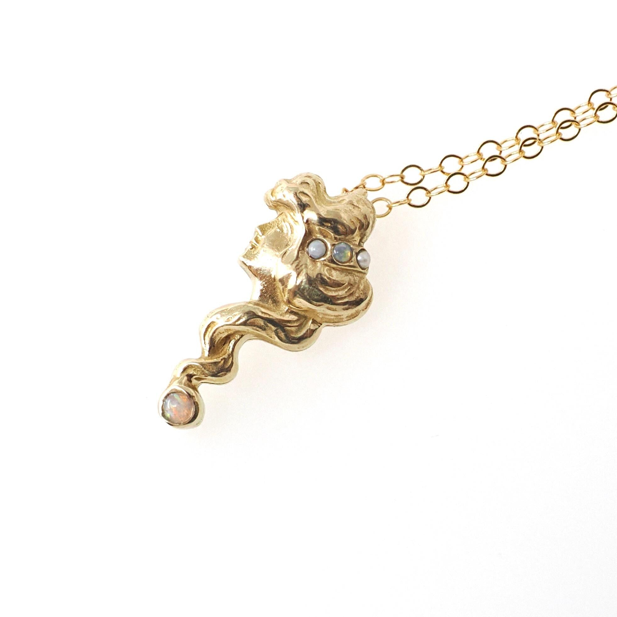 Gibson Girl Pendant Necklace - Antique Edwardian 14k Yellow Gold Natural Opal Charm - Circa 1910s Era Stick Pin Conversion Fine Jewelry