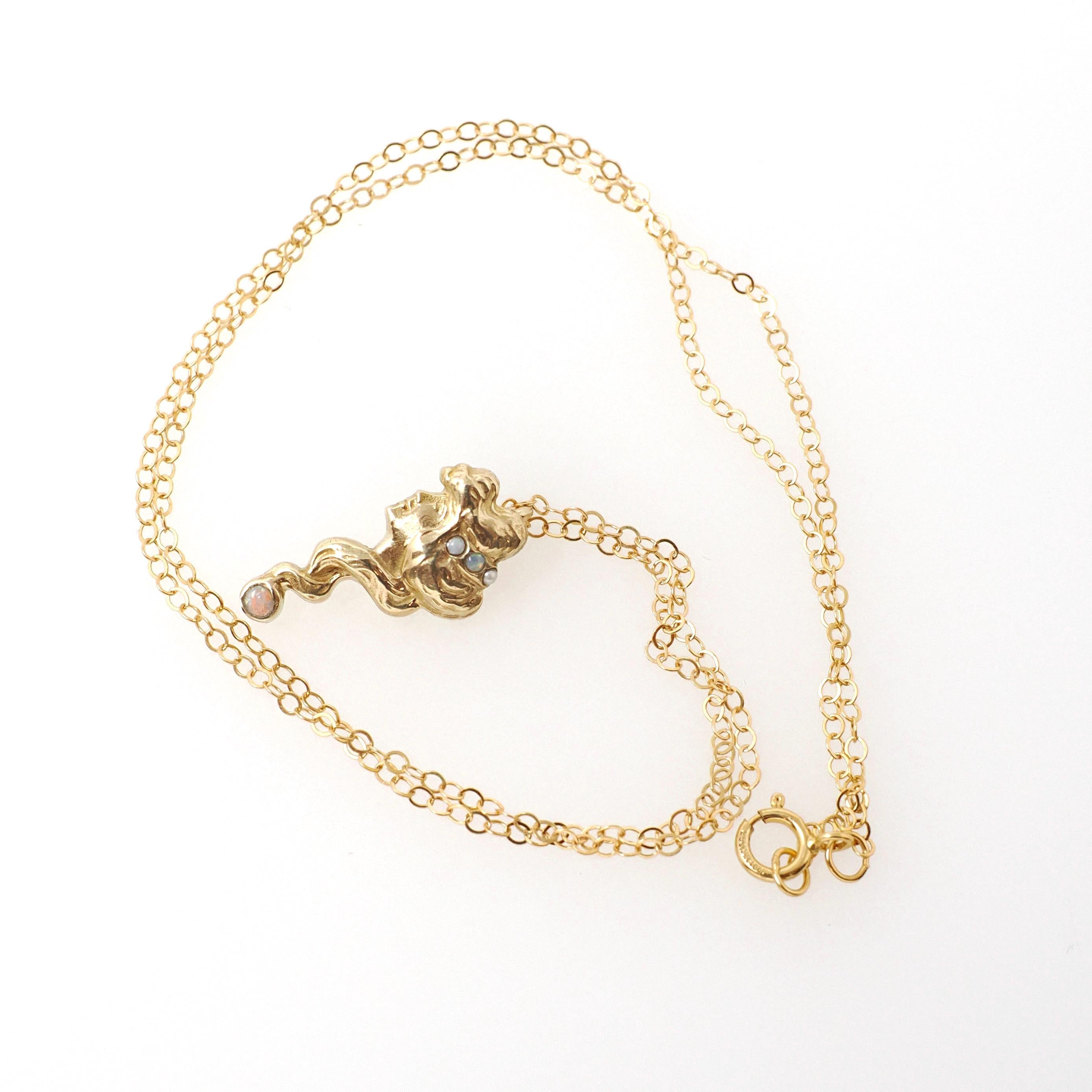 Gibson Girl Pendant Necklace - Antique Edwardian 14k Yellow Gold Natural Opal Charm - Circa 1910s Era Stick Pin Conversion Fine Jewelry