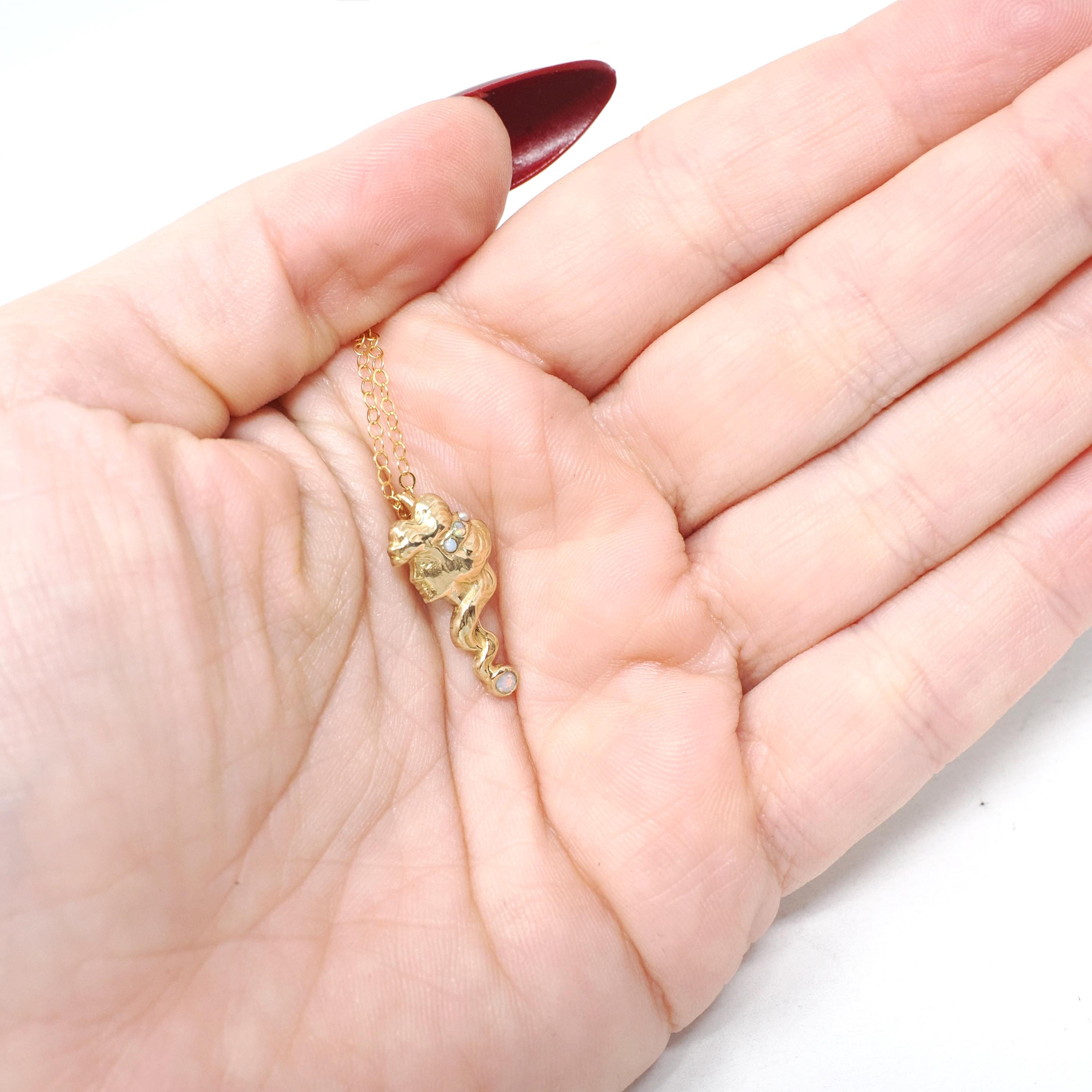 Gibson Girl Pendant Necklace - Antique Edwardian 14k Yellow Gold Natural Opal Charm - Circa 1910s Era Stick Pin Conversion Fine Jewelry