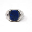 Vintage Lapis Lazuli Ring - Modernist 14k White Gold Flat Top Blue Gem Signet - Circa 1970s Size 10 Diamond Accented Fine Unisex Jewelry