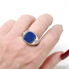 Vintage Lapis Lazuli Ring - Modernist 14k White Gold Flat Top Blue Gem Signet - Circa 1970s Size 10 Diamond Accented Fine Unisex Jewelry