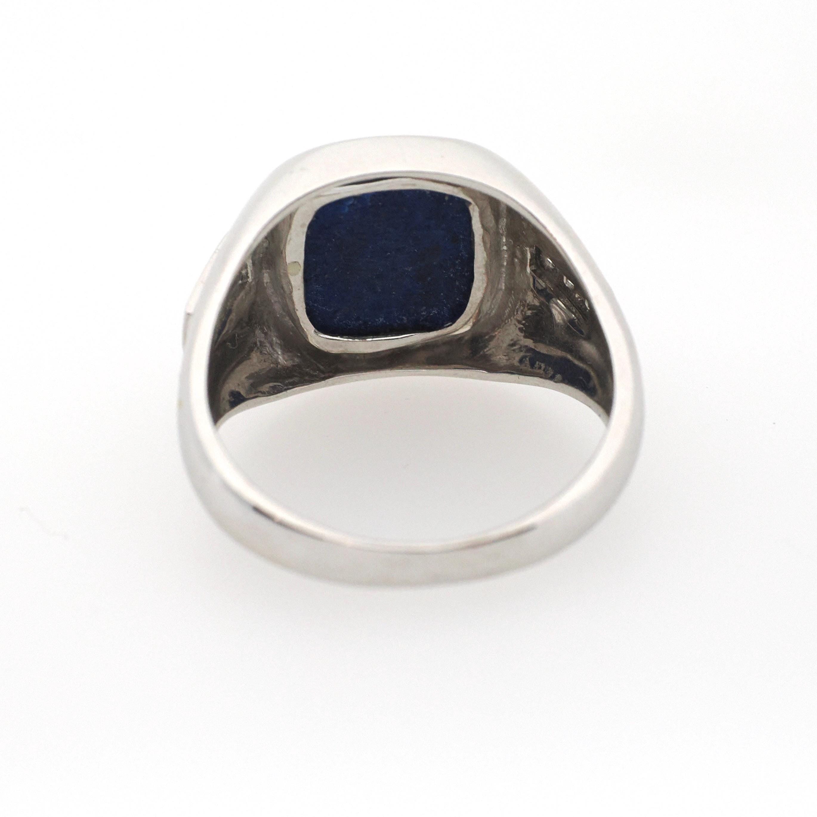 Vintage Lapis Lazuli Ring - Modernist 14k White Gold Flat Top Blue Gem Signet - Circa 1970s Size 10 Diamond Accented Fine Unisex Jewelry