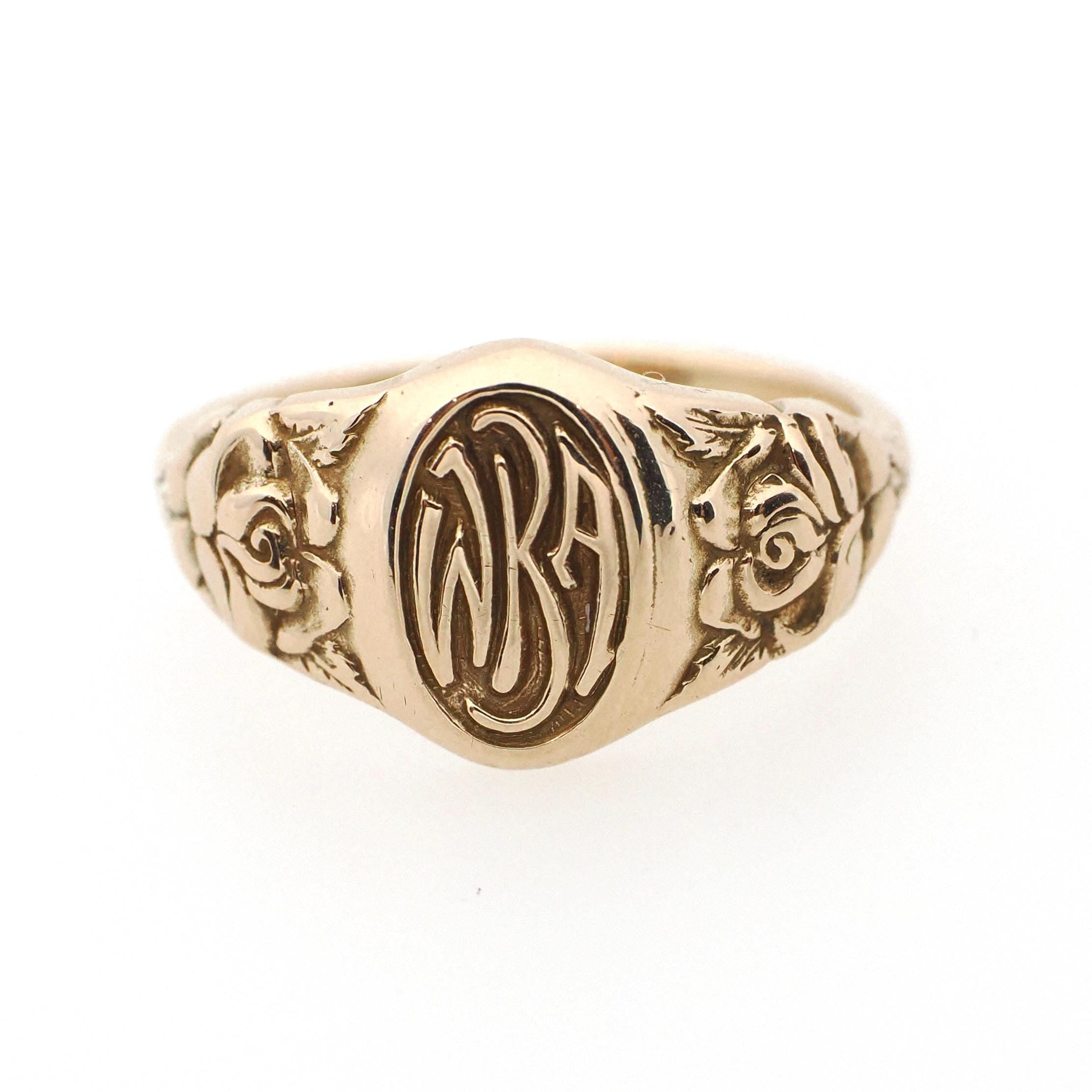 Antique "WKA" Signet Ring - Art Deco Era 10k Yellow Gold Engraved Initial Letters Unisex - Stamped 1923 Size 6 Floral Flower Fine Jewelry