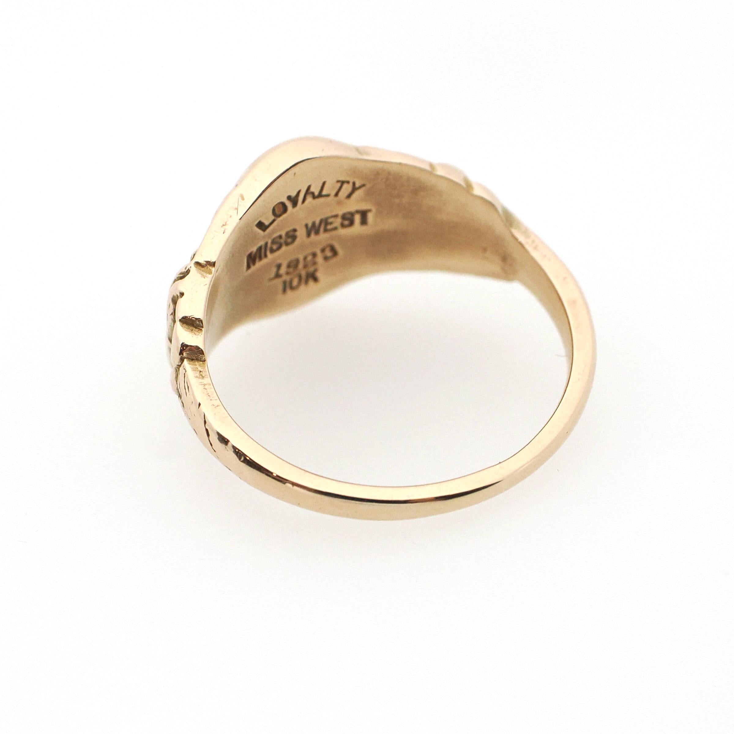 Antique "WKA" Signet Ring - Art Deco Era 10k Yellow Gold Engraved Initial Letters Unisex - Stamped 1923 Size 6 Floral Flower Fine Jewelry