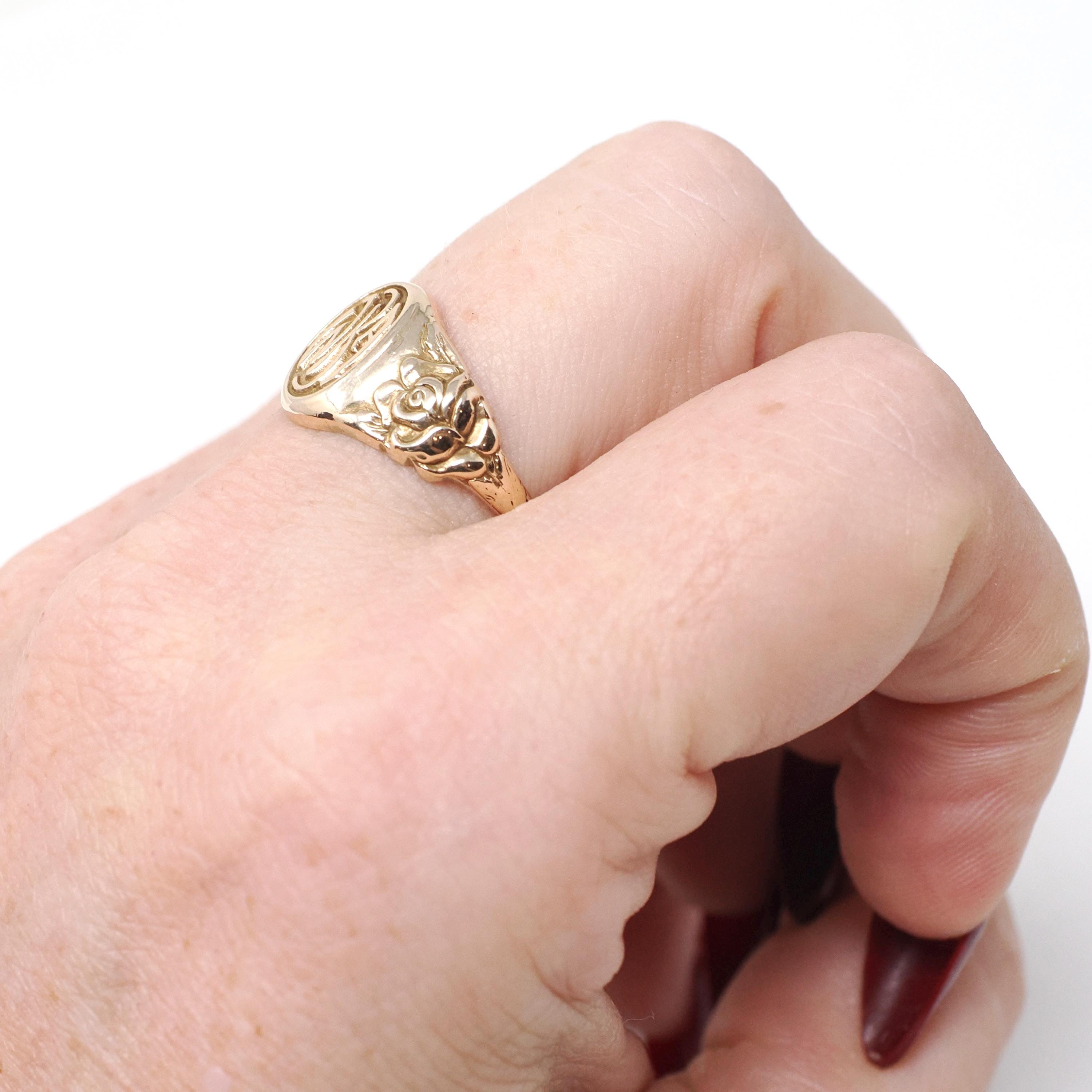 Antique "WKA" Signet Ring - Art Deco Era 10k Yellow Gold Engraved Initial Letters Unisex - Stamped 1923 Size 6 Floral Flower Fine Jewelry