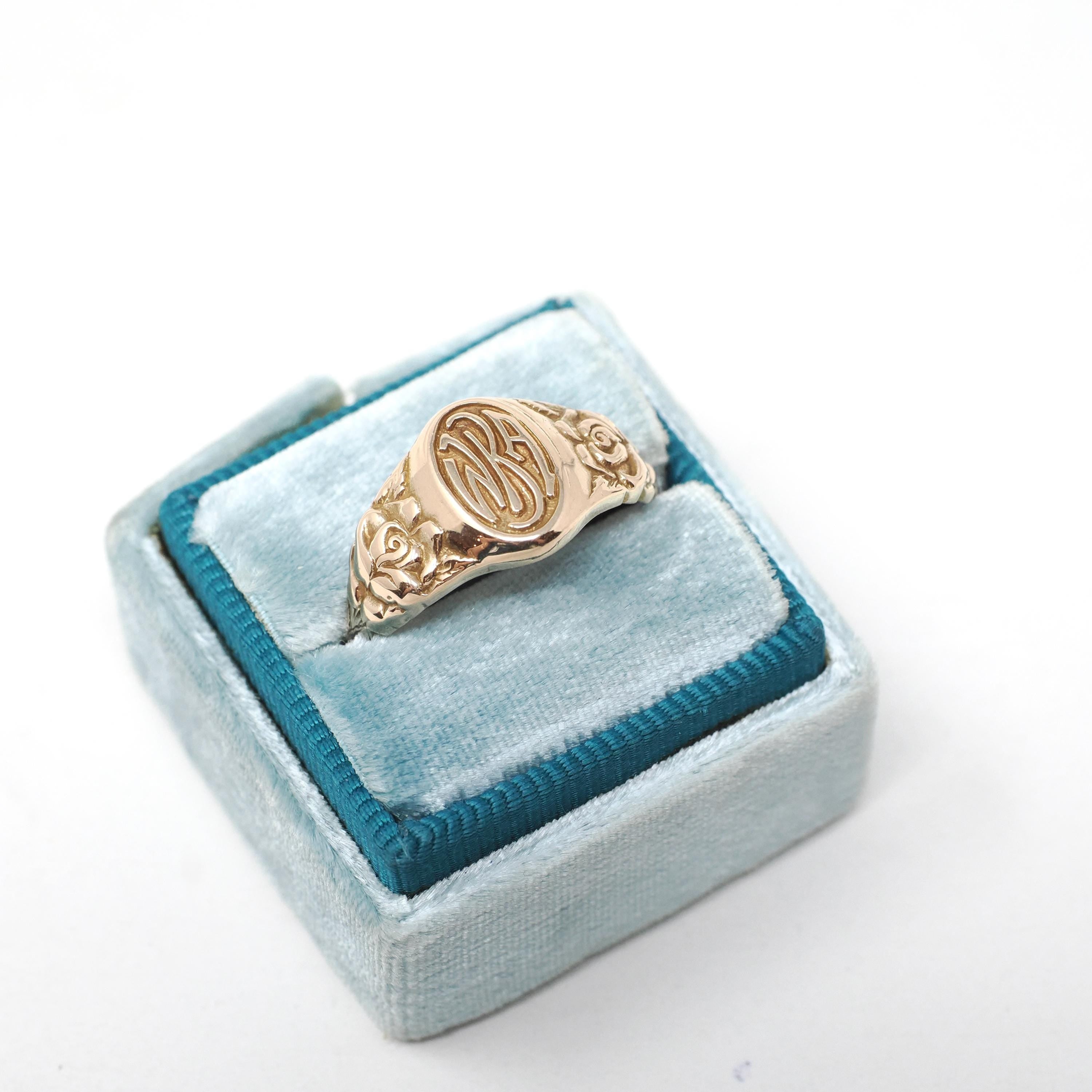 Antique "WKA" Signet Ring - Art Deco Era 10k Yellow Gold Engraved Initial Letters Unisex - Stamped 1923 Size 6 Floral Flower Fine Jewelry