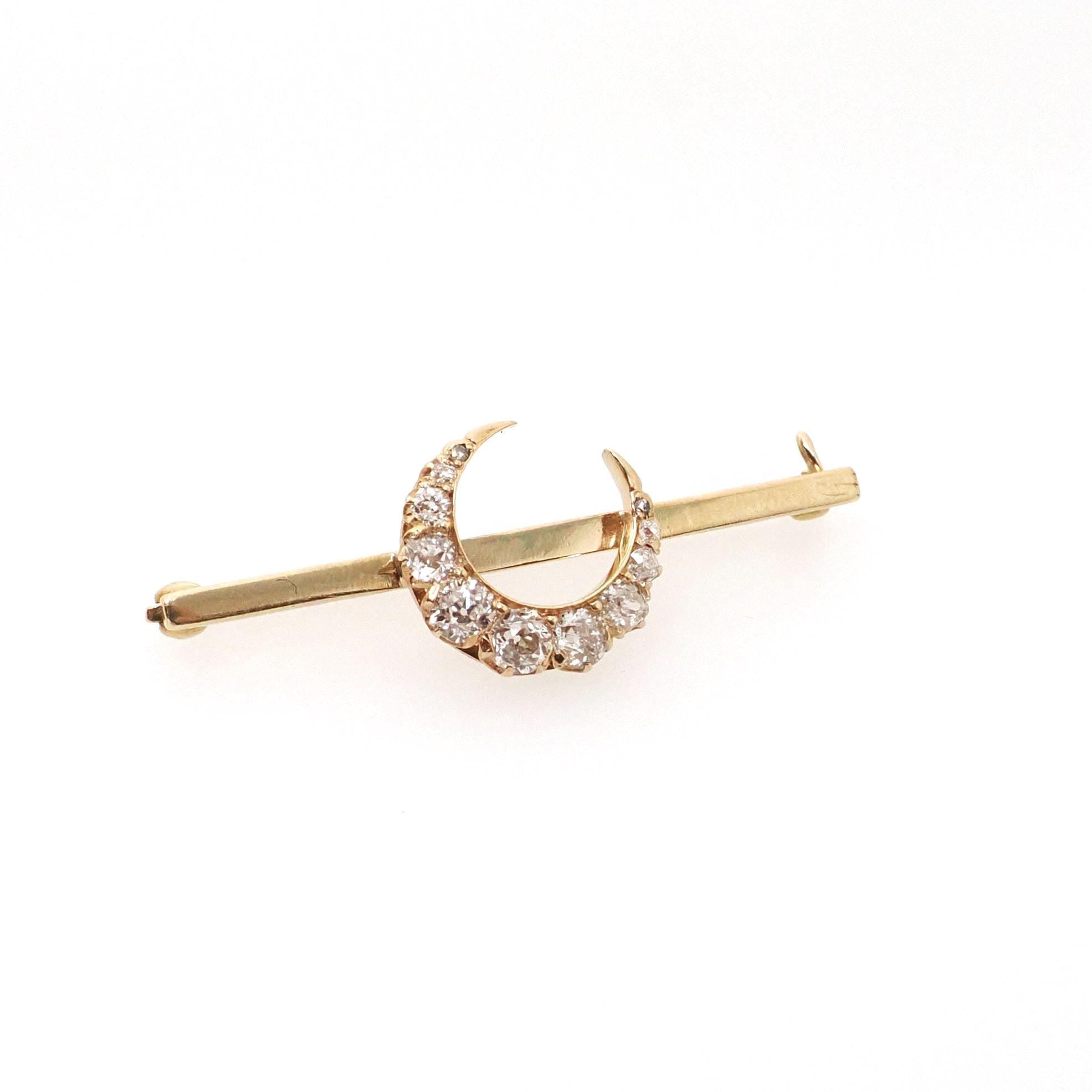 Diamond Crescent Moon Brooch - Edwardian 14k Yellow Gold Antique Cut Natural .70 CTW Pendant Bar Pin - Early 1900s Celestial Fine Jewelry