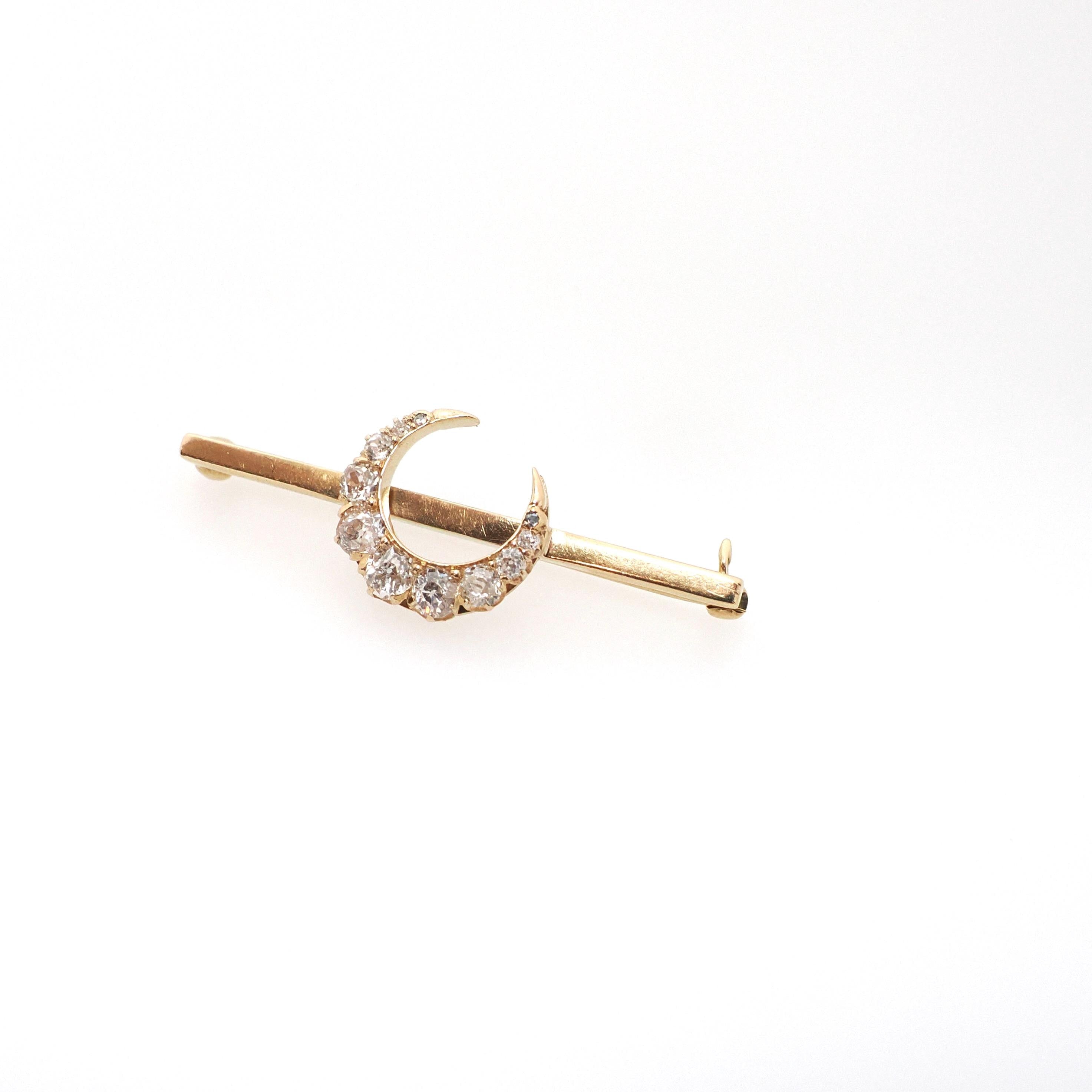 Diamond Crescent Moon Brooch - Edwardian 14k Yellow Gold Antique Cut Natural .70 CTW Pendant Bar Pin - Early 1900s Celestial Fine Jewelry