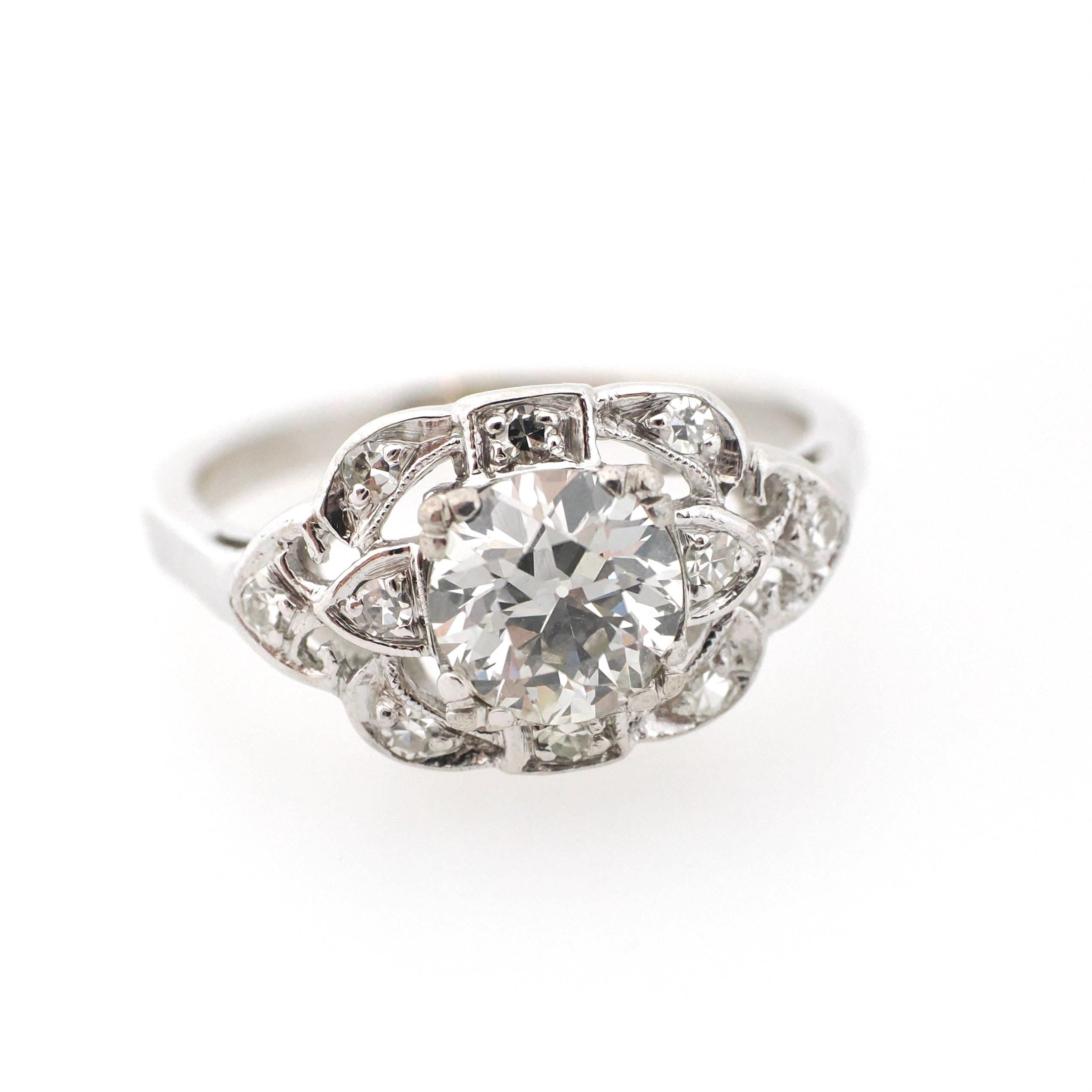 Vintage Engagement Ring - Mid Century Era 14k White Gold 1.36 CTW Natural Diamonds - Circa 1950s Era Size 7 1/2 Fine Cluster Bridal Jewelry