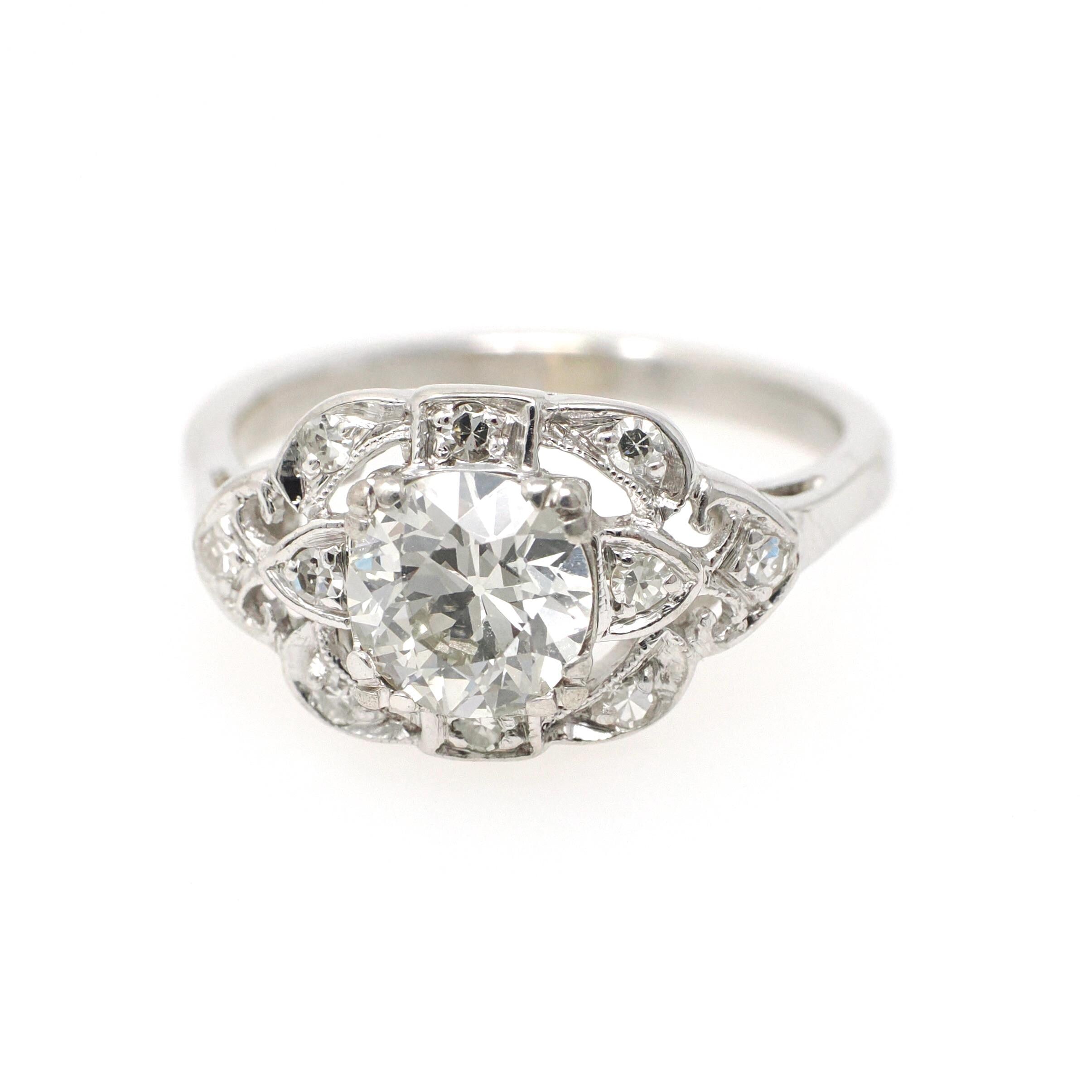 Vintage Engagement Ring - Mid Century Era 14k White Gold 1.36 CTW Natural Diamonds - Circa 1950s Era Size 7 1/2 Fine Cluster Bridal Jewelry