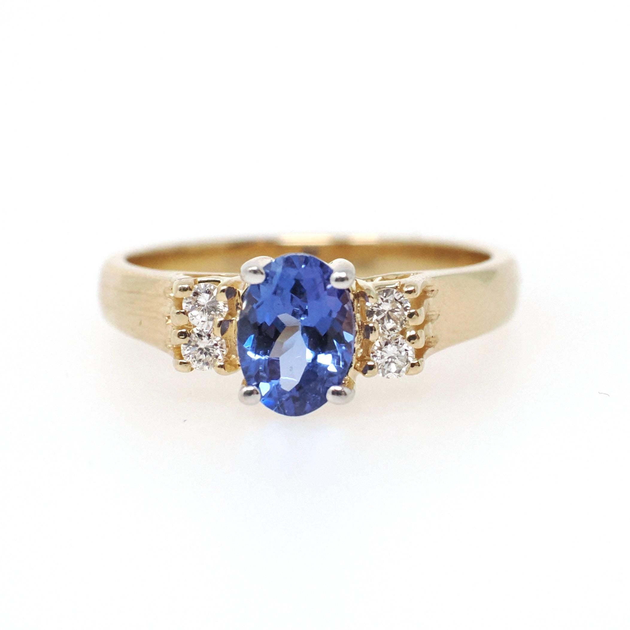 Tanzanite & Diamond Ring - Contemporary 14k Yellow Gold Oval Faceted .83 CT Gemstone - Estate 1990s Size 6 1/4 Accented Fine Modern Jewelry