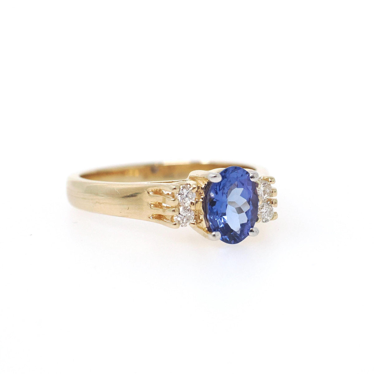 Tanzanite & Diamond Ring - Contemporary 14k Yellow Gold Oval Faceted .83 CT Gemstone - Estate 1990s Size 6 1/4 Accented Fine Modern Jewelry