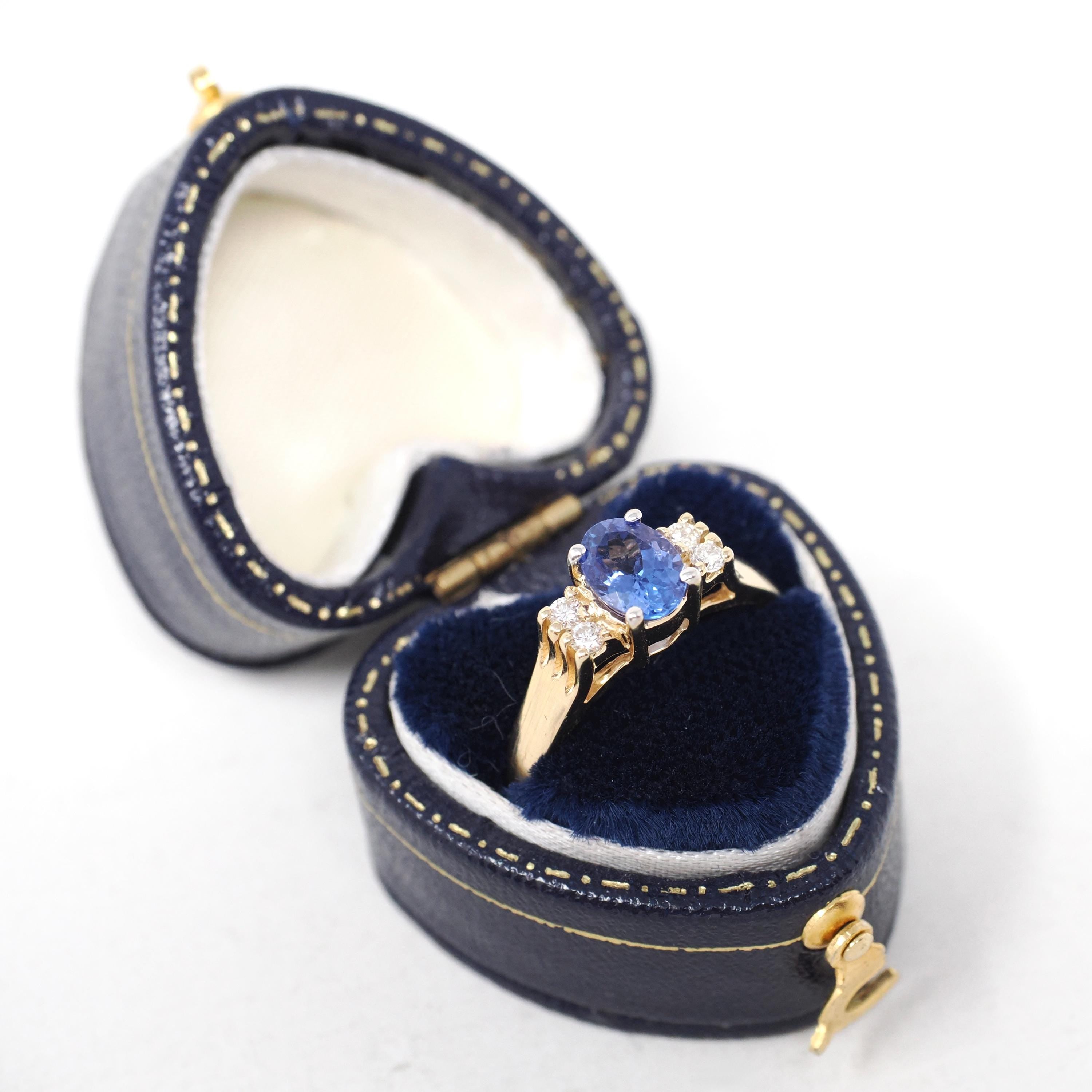 Tanzanite & Diamond Ring - Contemporary 14k Yellow Gold Oval Faceted .83 CT Gemstone - Estate 1990s Size 6 1/4 Accented Fine Modern Jewelry