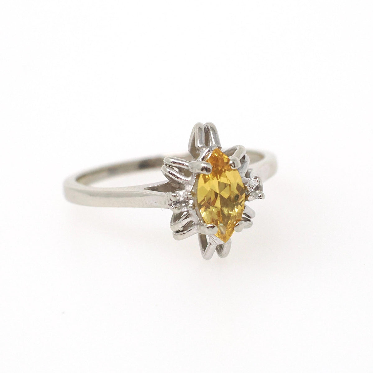 Created Yellow Sapphire Ring - Contemporary 10k White Gold Marquise Gemstone Created Spinels - Estate Circa 1990s Era Size 7 Fine Jewelry