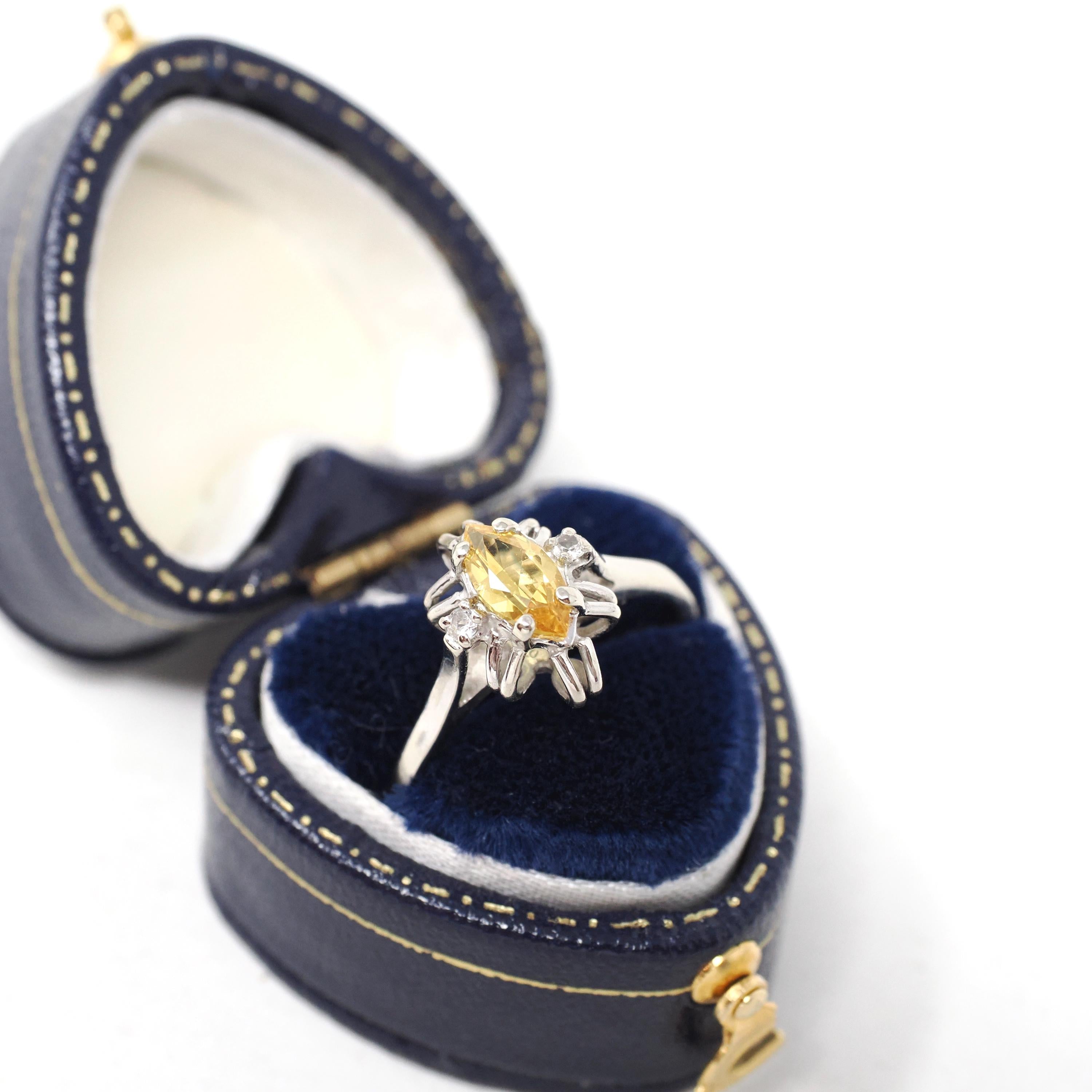 Created Yellow Sapphire Ring - Contemporary 10k White Gold Marquise Gemstone Created Spinels - Estate Circa 1990s Era Size 7 Fine Jewelry