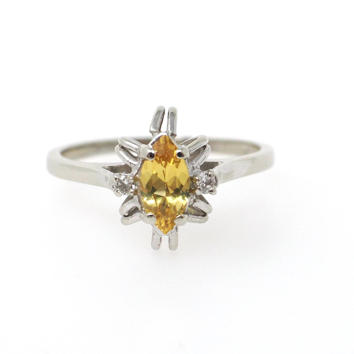 Created Yellow Sapphire Ring - Contemporary 10k White Gold Marquise Gemstone Created Spinels - Estate Circa 1990s Era Size 7 Fine Jewelry