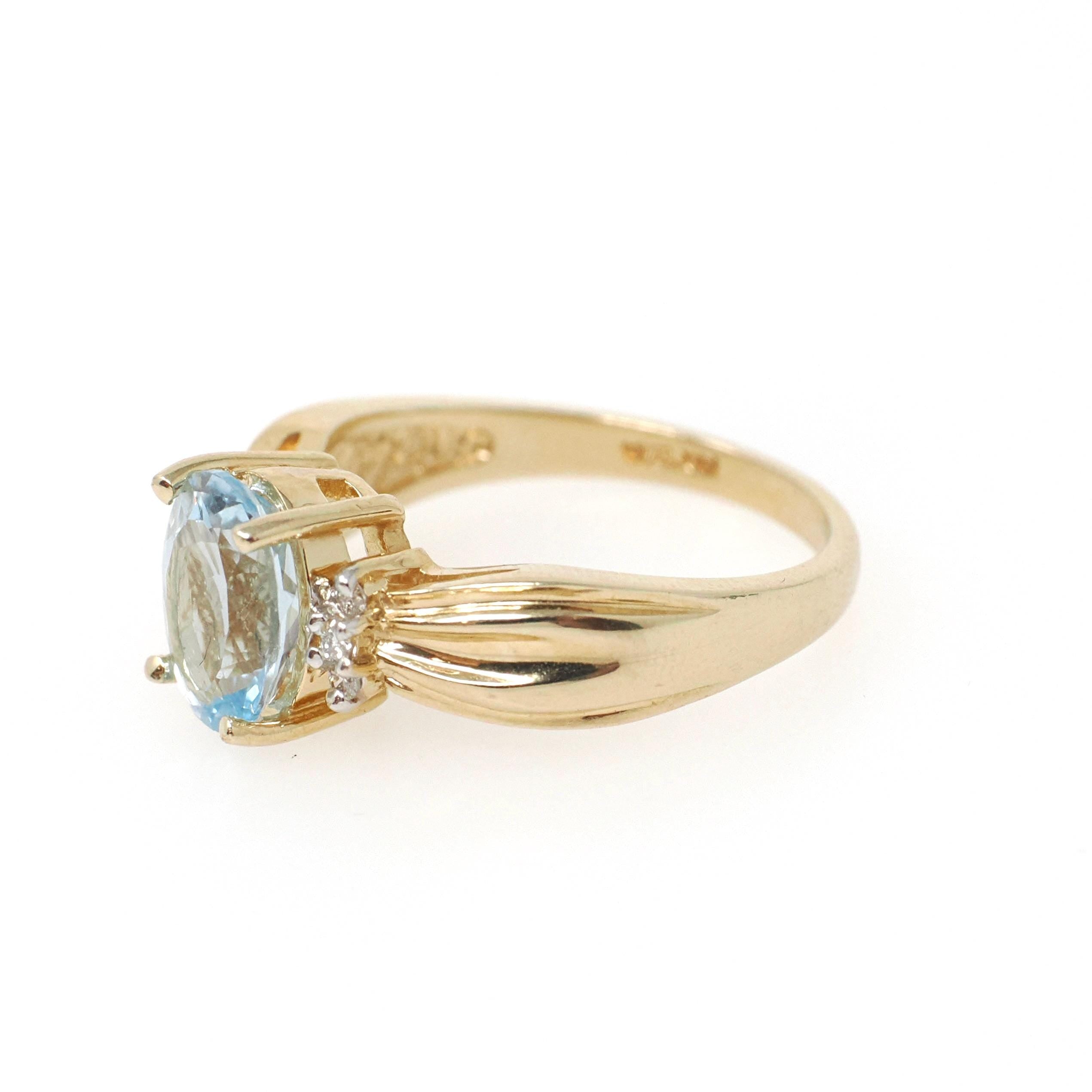 Aquamarine & Diamond Ring - Contemporary 14k Yellow Gold Oval Faceted 1.80 CT Blue Gem - Estate Circa 2000's Size 7 Fine Statement Jewelry
