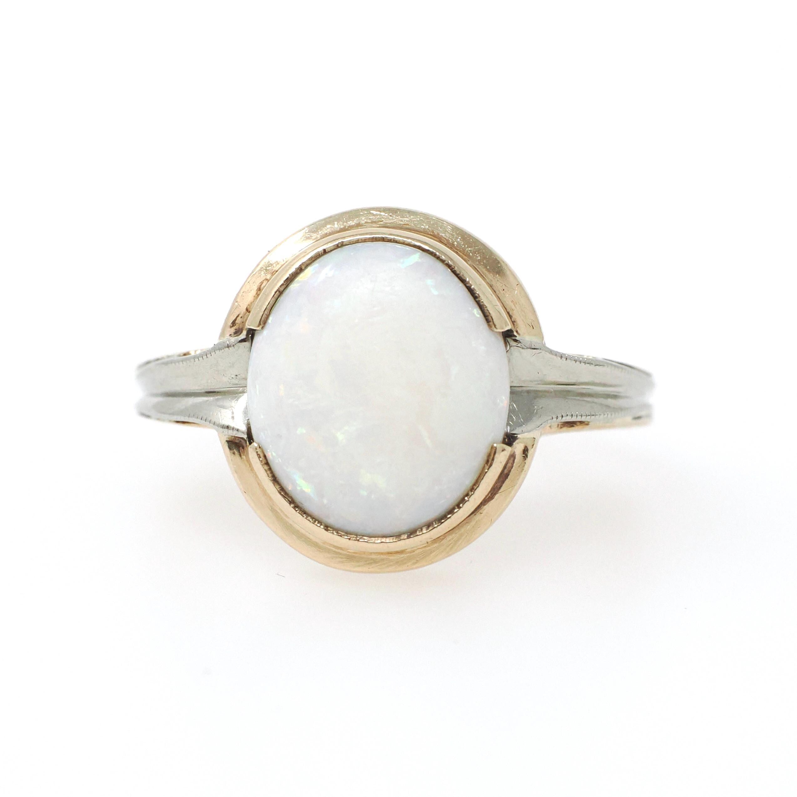 Vintage Opal Ring - Mid Century 10k Yellow Gold Natural Cabochon Gemstone Solitaire - Circa 1960s Size 7 3/4 October Birthstone Fine Jewelry