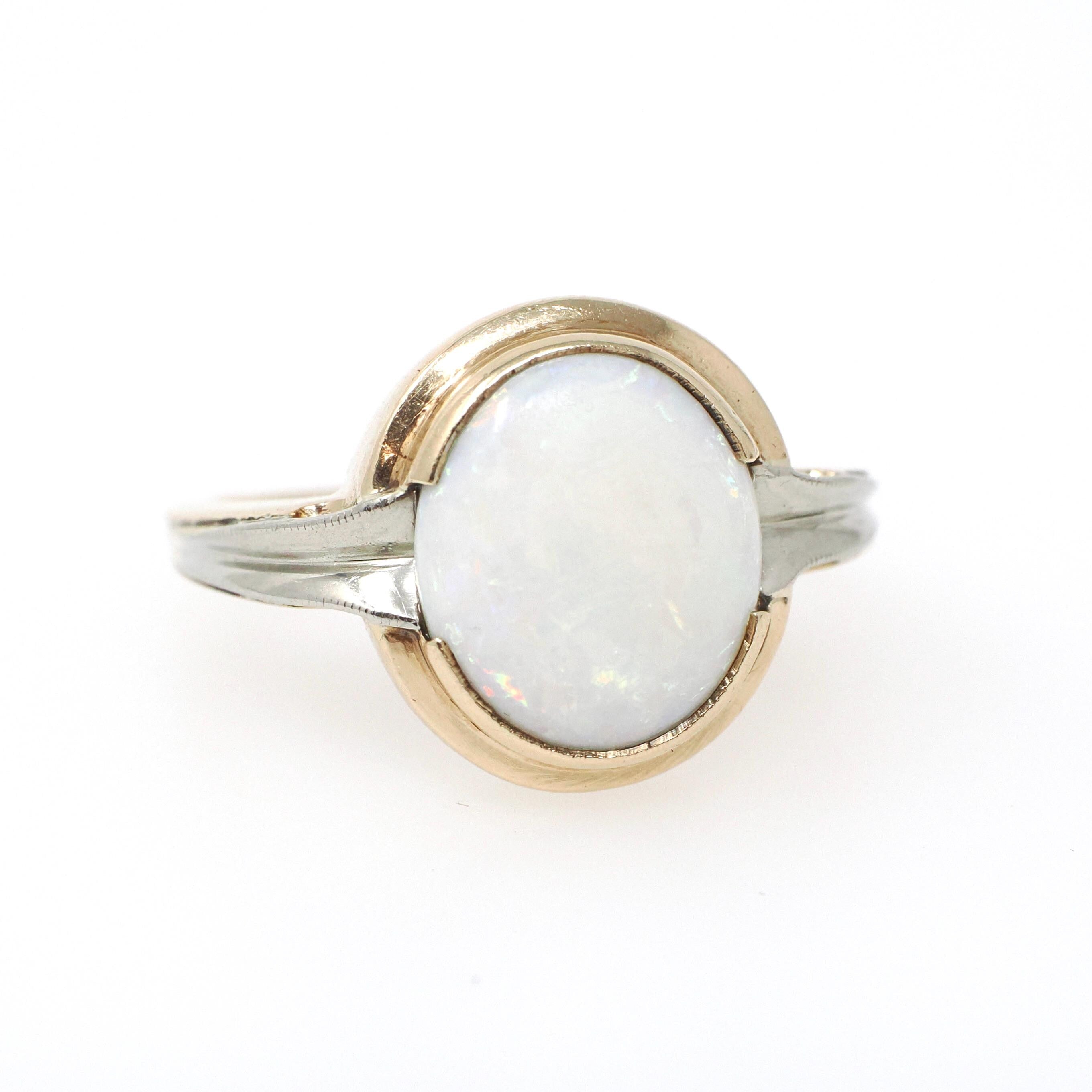 Vintage Opal Ring - Mid Century 10k Yellow Gold Natural Cabochon Gemstone Solitaire - Circa 1960s Size 7 3/4 October Birthstone Fine Jewelry
