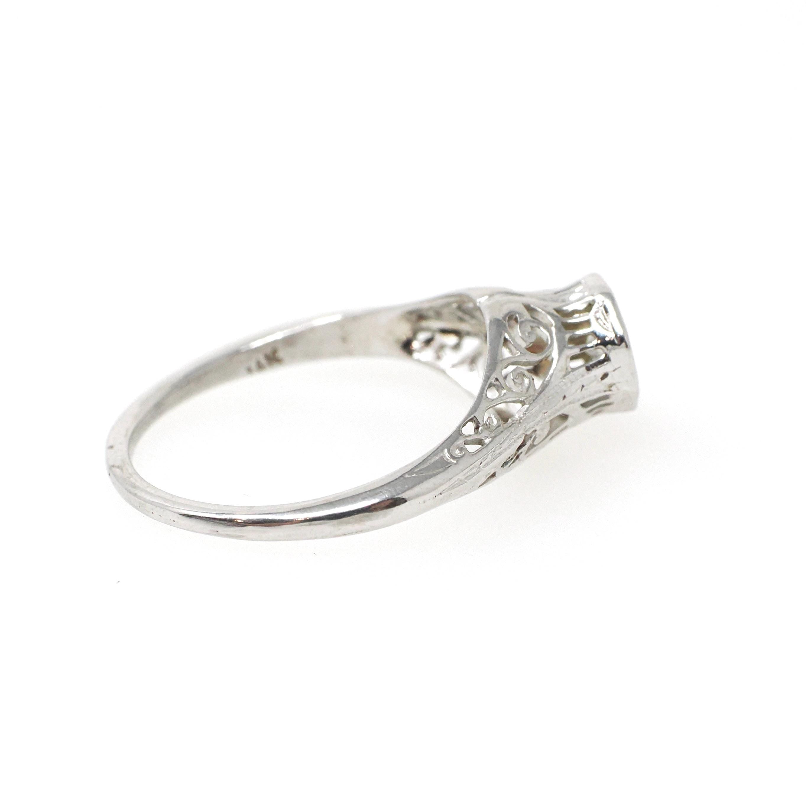 Art Deco Engagement Ring - Vintage 14k White Gold Filigree 0.18 CT Old European Diamond Solitaire - Circa 1930s Era Size 8 1/2 Fine Jewelry