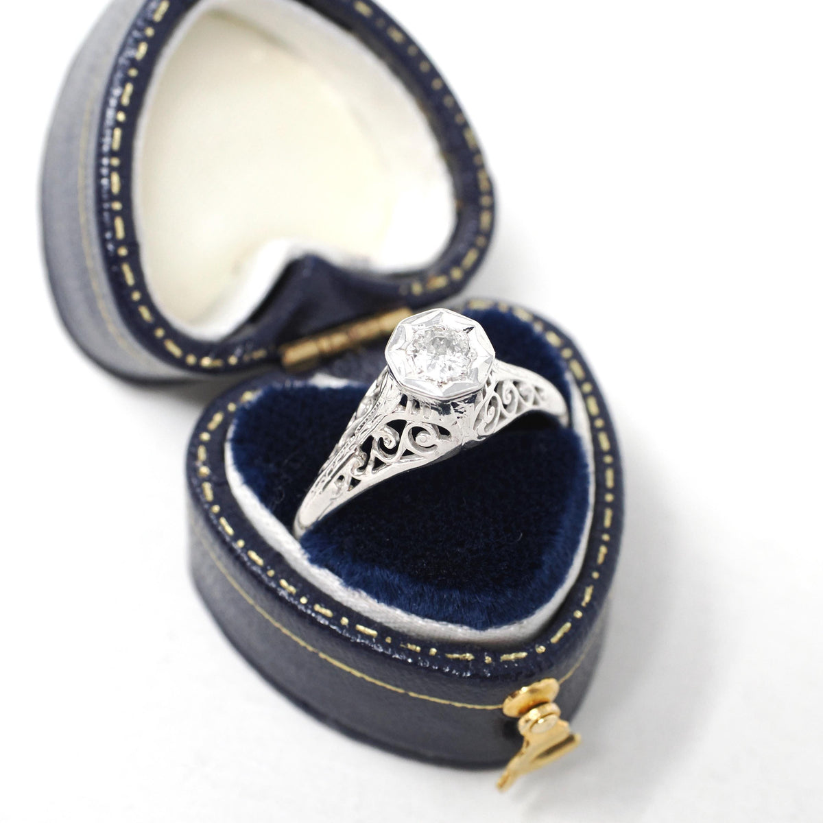 Art Deco Engagement Ring - Vintage 14k White Gold Filigree 0.18 CT Old European Diamond Solitaire - Circa 1930s Era Size 8 1/2 Fine Jewelry