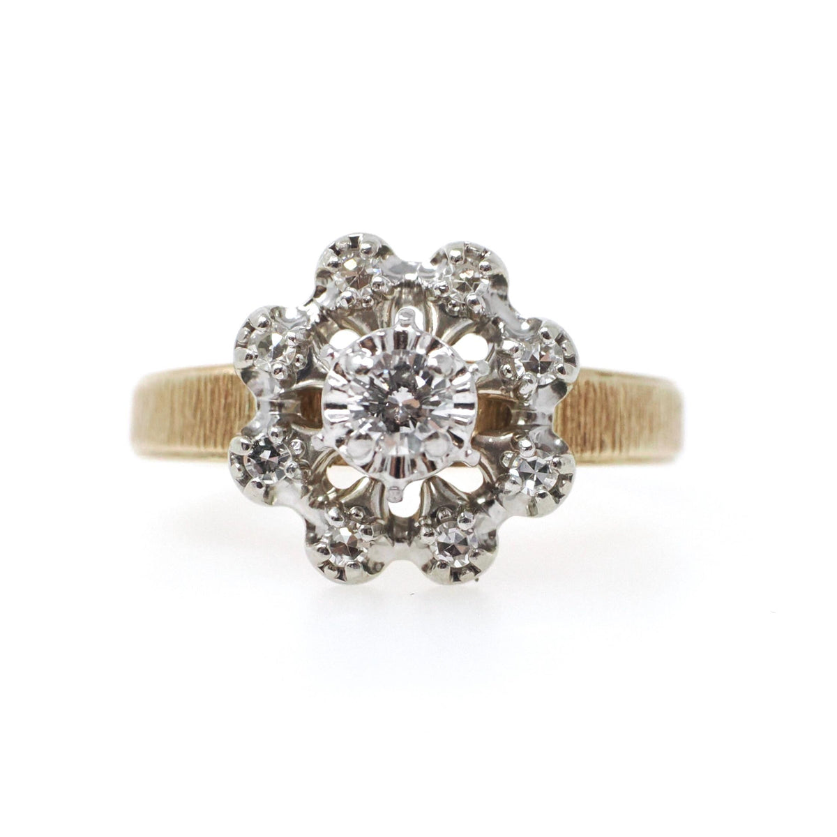 Diamond Engagement Ring - Modernist 14k Yellow & White Gold .33 CTW Floral Cluster Halo - Circa 1970s Era Size 7 3/4 Fine Engagement Jewelry