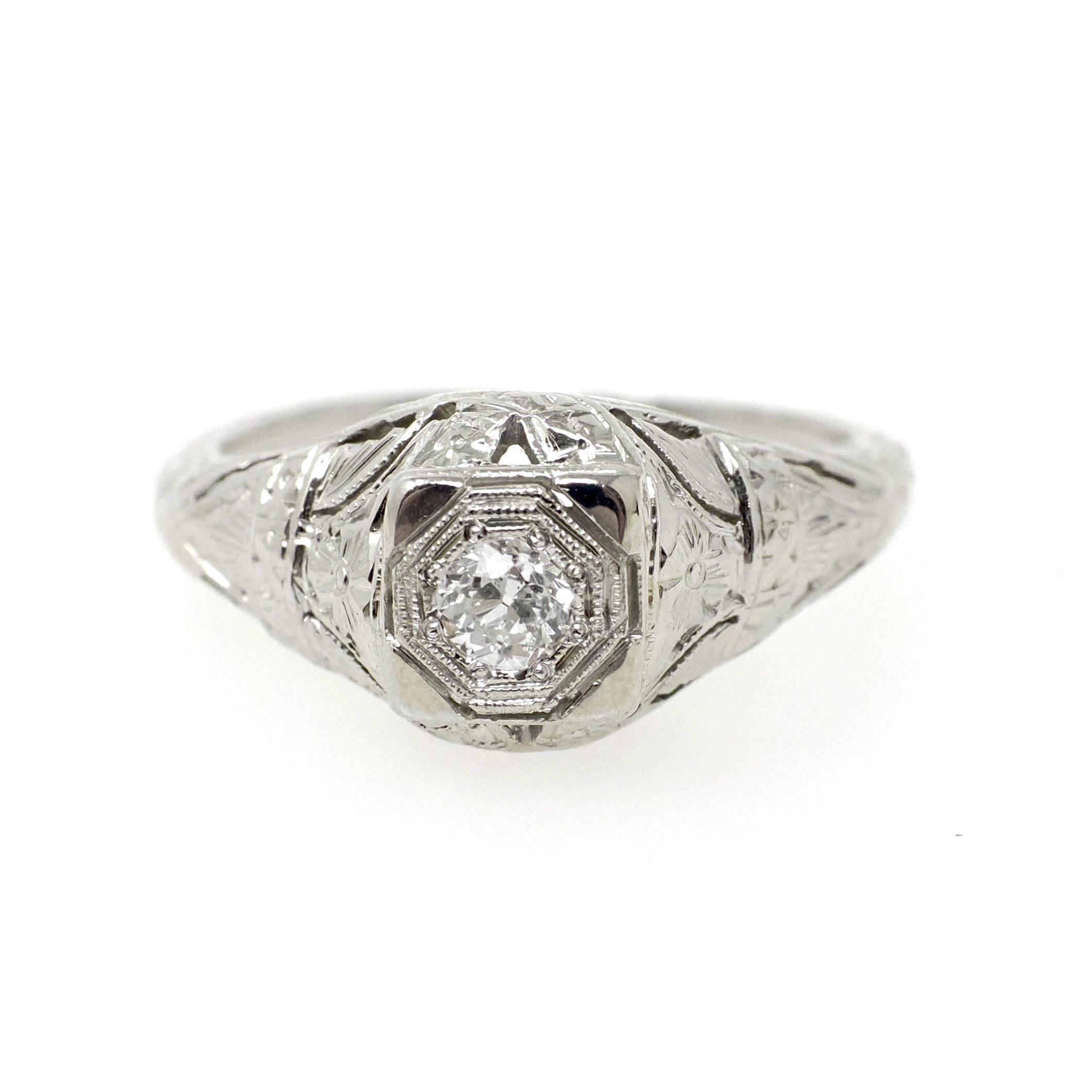 Art Deco Engagement Ring - Antique 18k White Gold Filigree 0.15 CT Old European Cut Diamond Solitaire - Circa 1920s Era Size 6 Fine Jewelry